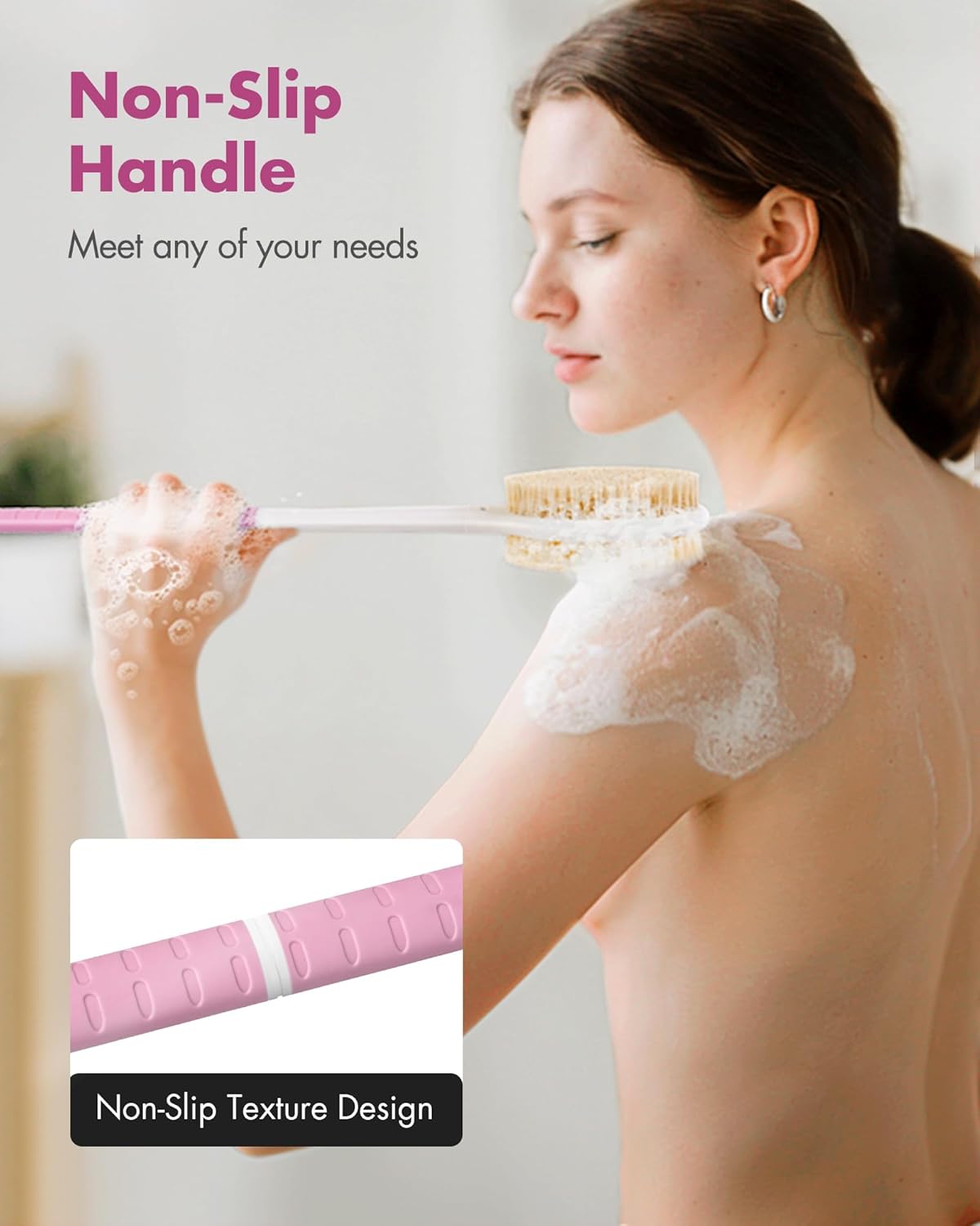 Back Scrubber Body Shower Brush: Anti Slip Long Handle Bath Brush with Stiff and Soft Bristles - Showering Exfoliator Wet or Dry Brushing for Women, Men, Elderly (Pink)