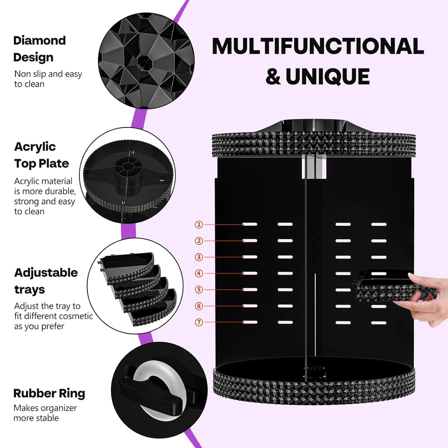 360 Degree Rotating Makeup Organizer for Vanity, Extra Large Capacity Beauty Organizer, Adjustable DIY 7 Layers Perfume Organizer, Skincare Organizers Fits AII Cosmetics and Accessories(Black)