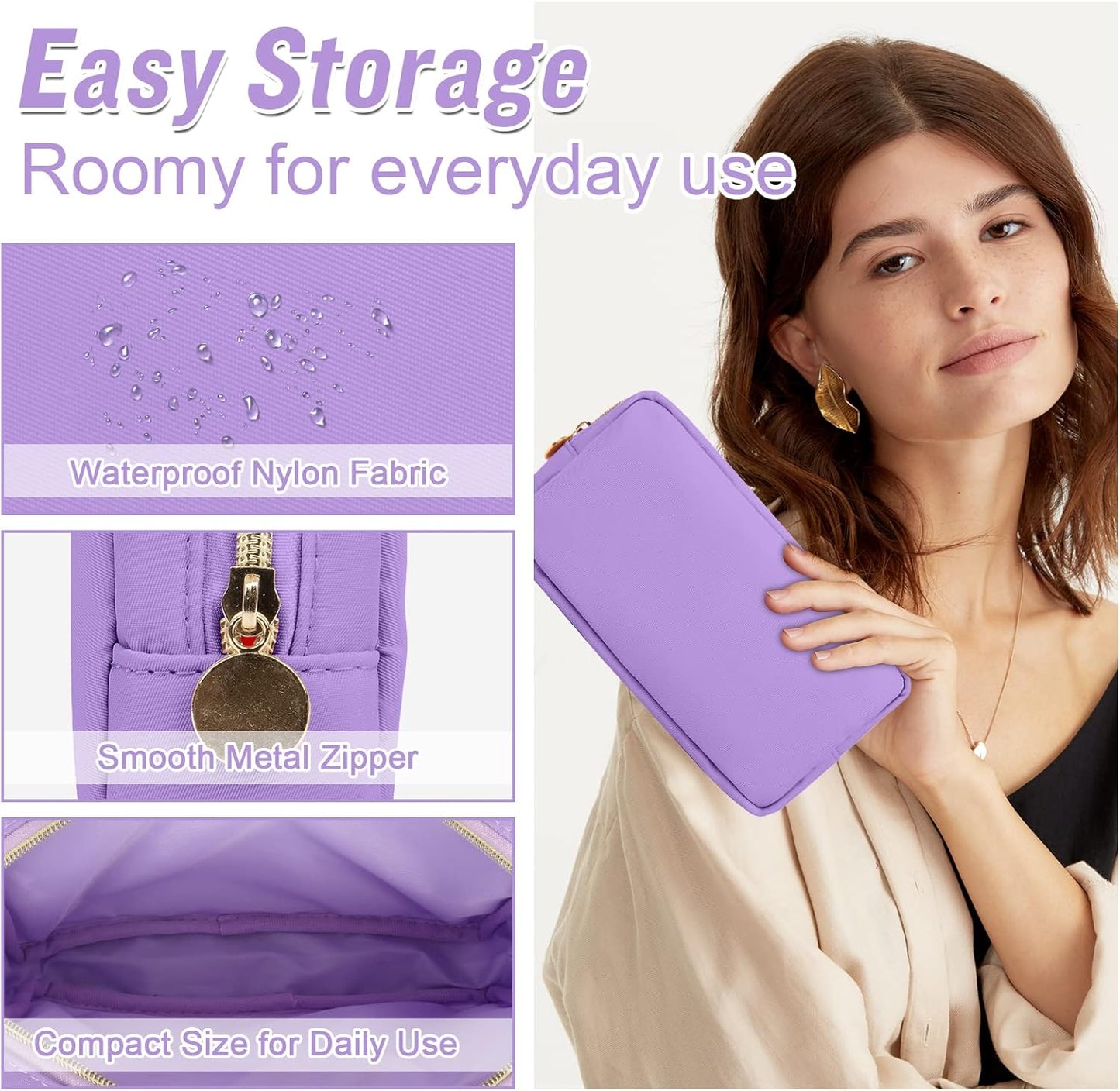 Nylon Small Makeup Bag for Purse, Cute Preppy Makeup Bag Cosmetic Zipper Pouch Purse, Waterproof Portable Travel Toiletry Bag Clutch Makeup Brush Bag Organizer Storage for Women Men Girls(Purple)