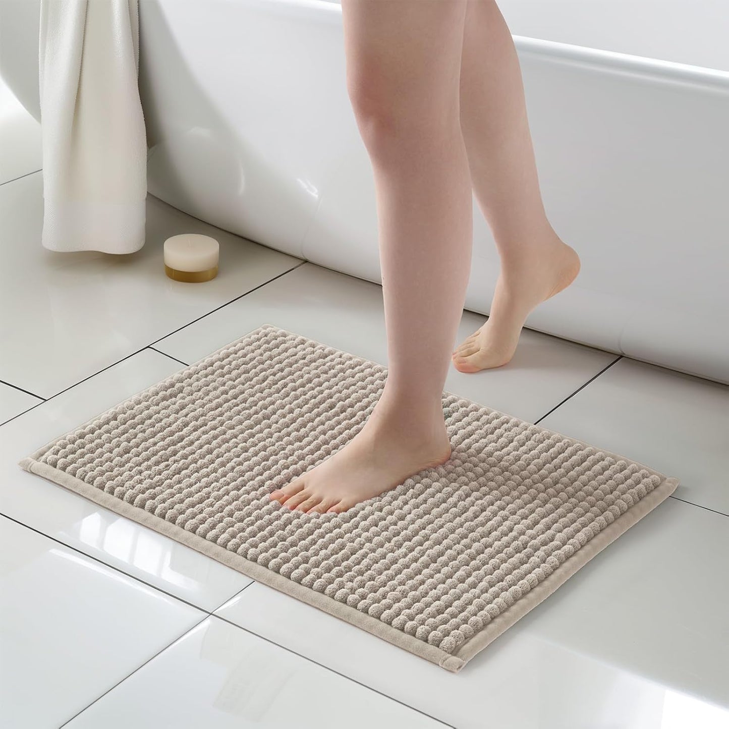 FRESHMINT Thick Chunky Chenille Bathroom Rug, 17"x24", Non Slip Bath Mat, Soft Decor Accessory, Cute Shower Mat, Water Absorbent, Washable, Beige