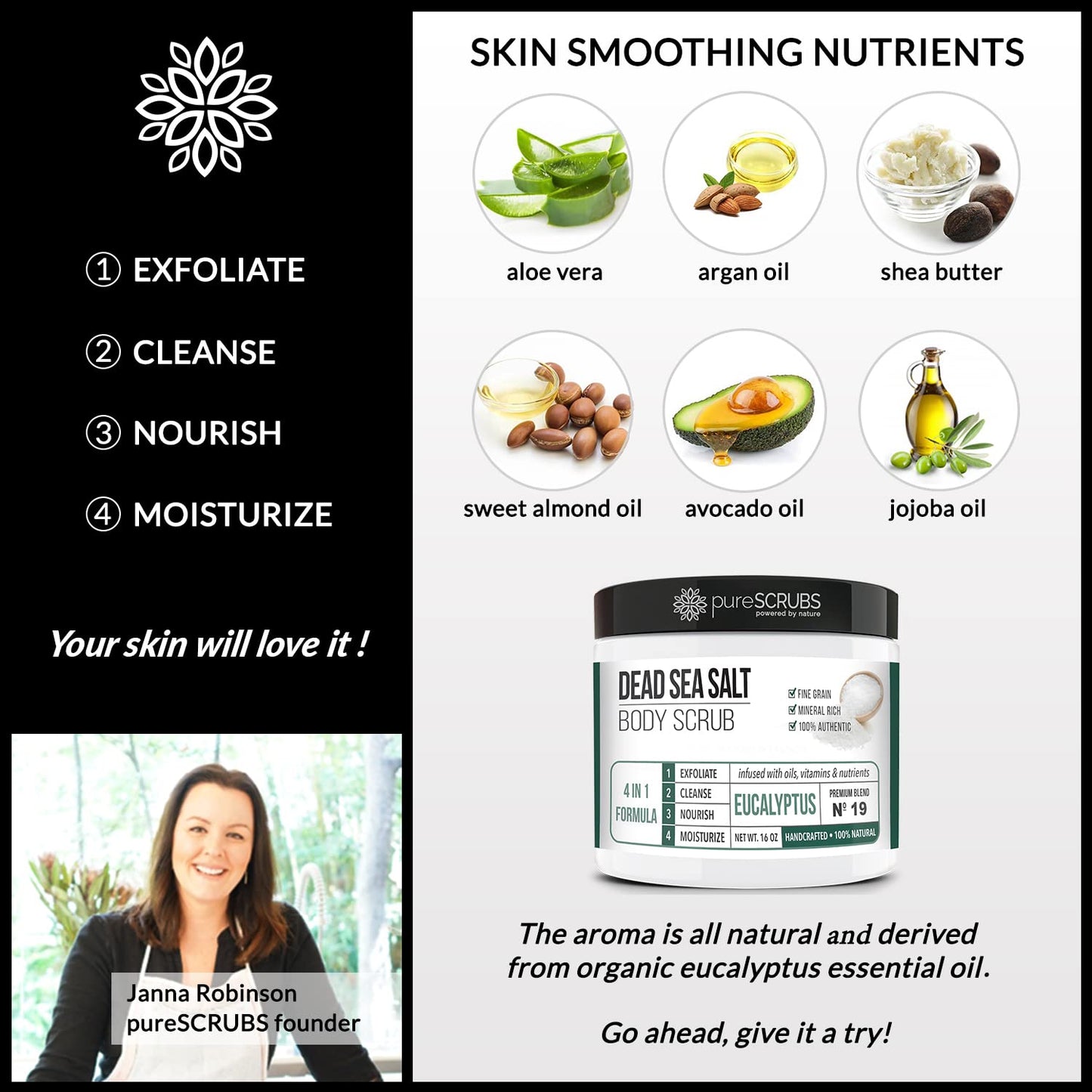 pureSCRUBS Premium Eucalyptus Body Scrub Set - Large 16oz Dead Sea Salt Body Scrub With Infused Essential Oils & Nutrients, Includes Wooden Spoon, Loofah & Oatmeal Exfoliating Bar Soap