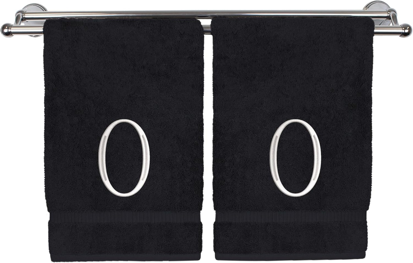 Monogrammed Hand Towel, Personalized Initial Gift, Extra Absorbent 100% Turkish Cotton - Soft Terry Finish - Set of 2 - White Block Initial O - Embroidered on Black Towels