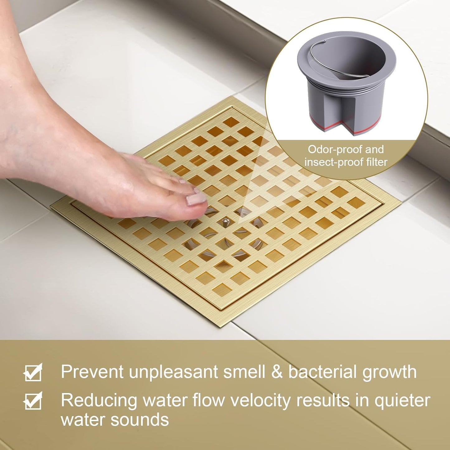 Square Shower Floor Drain with Flange, 6 Inch Brushed Gold Shower Drain Hair Catcher, SUS304 Stainless Steel Floor Drain Strainer, Shower Drain Cover