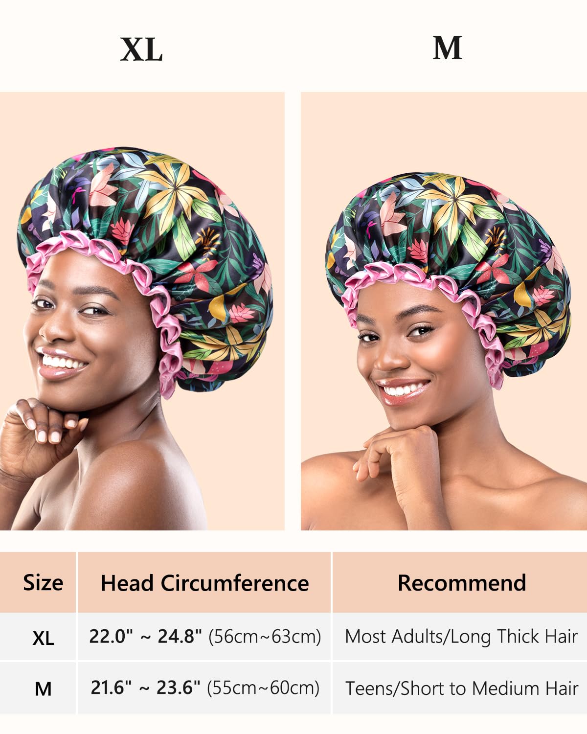 mikimini Shower Cap for Women and Grils,Pack of 1,Rainforest Bath Shower Caps with Pink Lace,Reusable Waterproof Shower Hat for Girls (Medium,Floral)