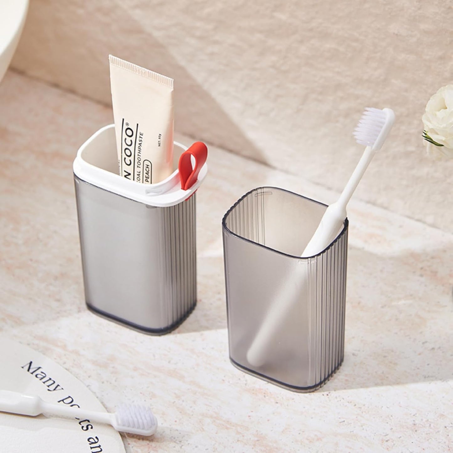 Toothbrush Travel Case, 2 in 1 Toothbrush Holder and Rinse Cup, Large Capacity Toothbrush Cup with Cover, Portable Travel Toothbrush Holder for Traveling, Camping, Trip - 1Pcs - Grey&White