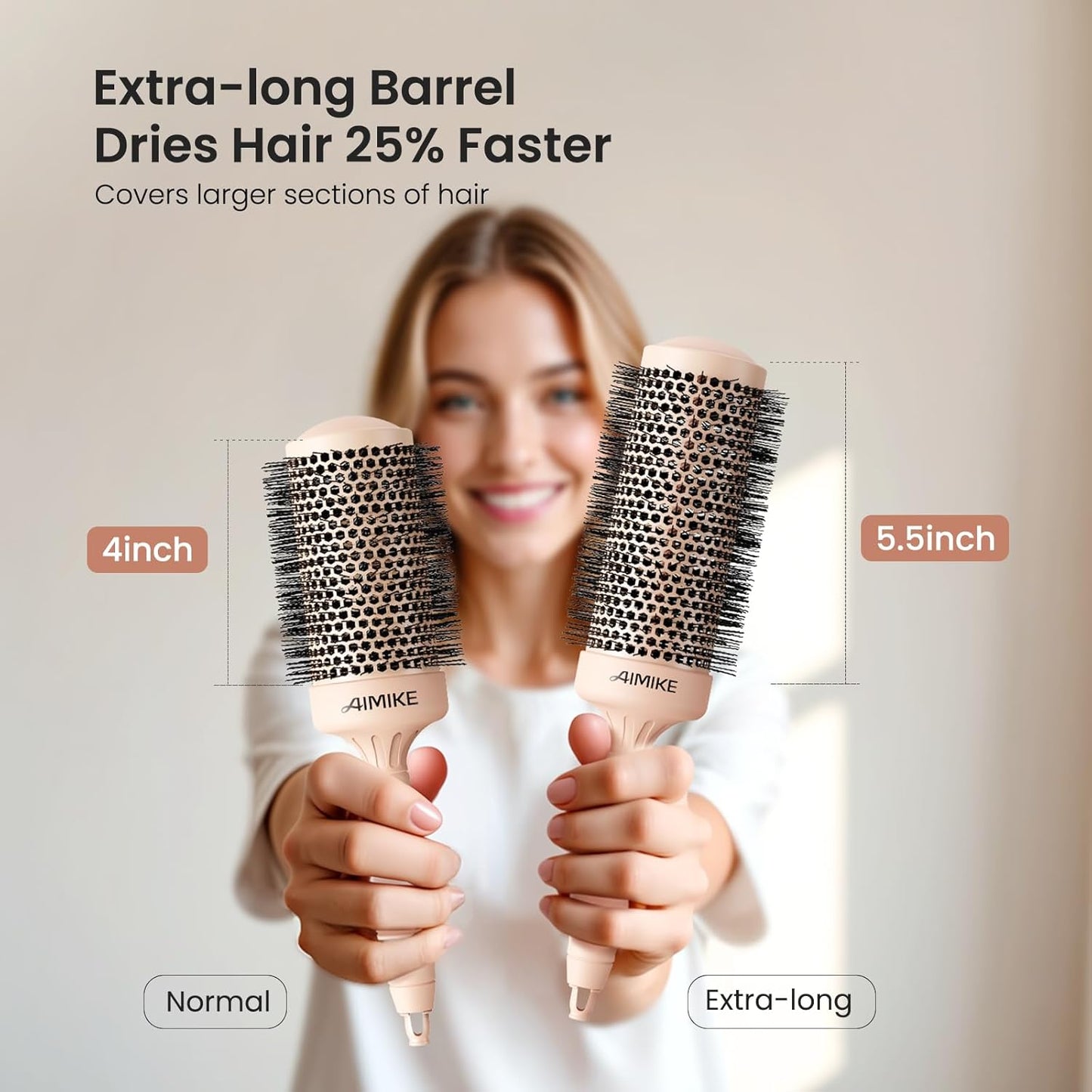 AIMIKE Round Brush for Blow Out, Extra Long Round Hair Brush w/Nano Thermal Ceramic & Ionic Tech, for Blow Drying & Styling, Curling and Shine - Barrel 2.1 inch