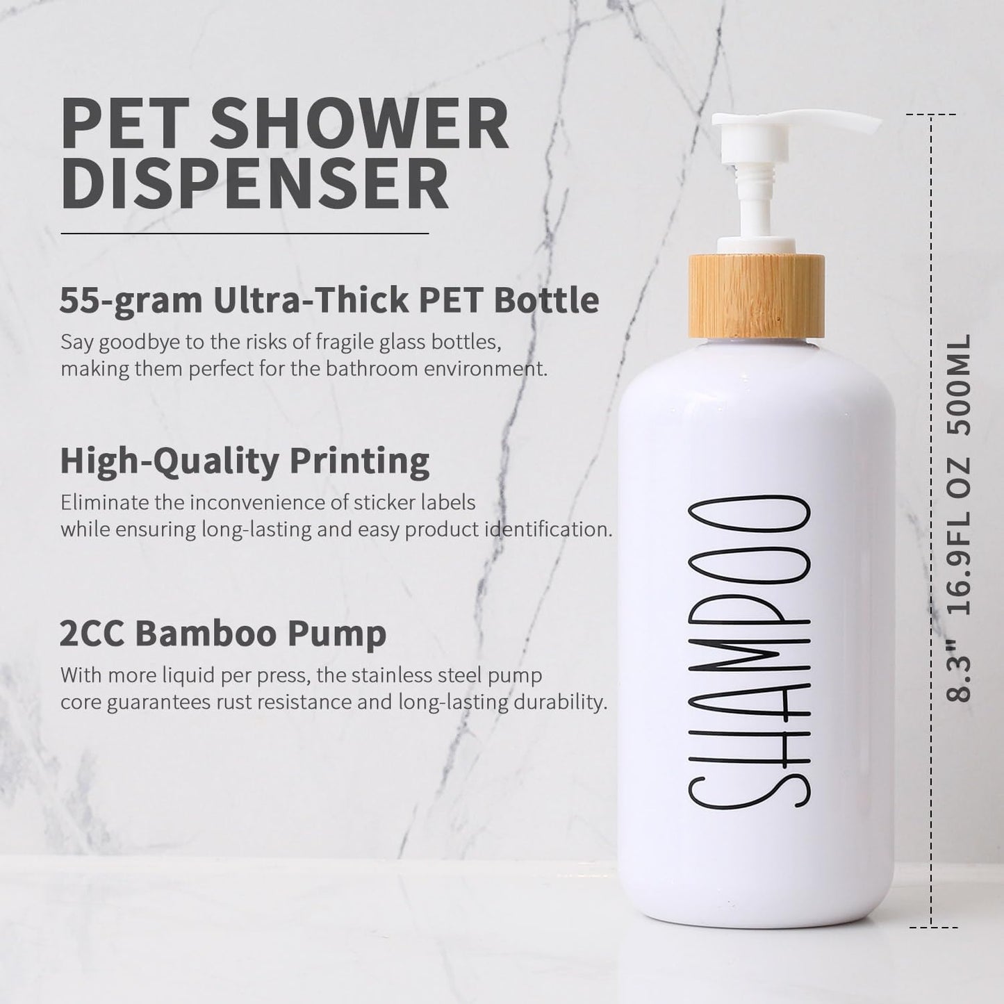 MOMEEMO White Shampoo and Conditioner Dispenser Set, Contains 3 Extra-Thick PET Plastic Bottles, Refillable Shampoo and Conditioner Bottles Perfect for Farmhouse Bathroom Decor. (White)