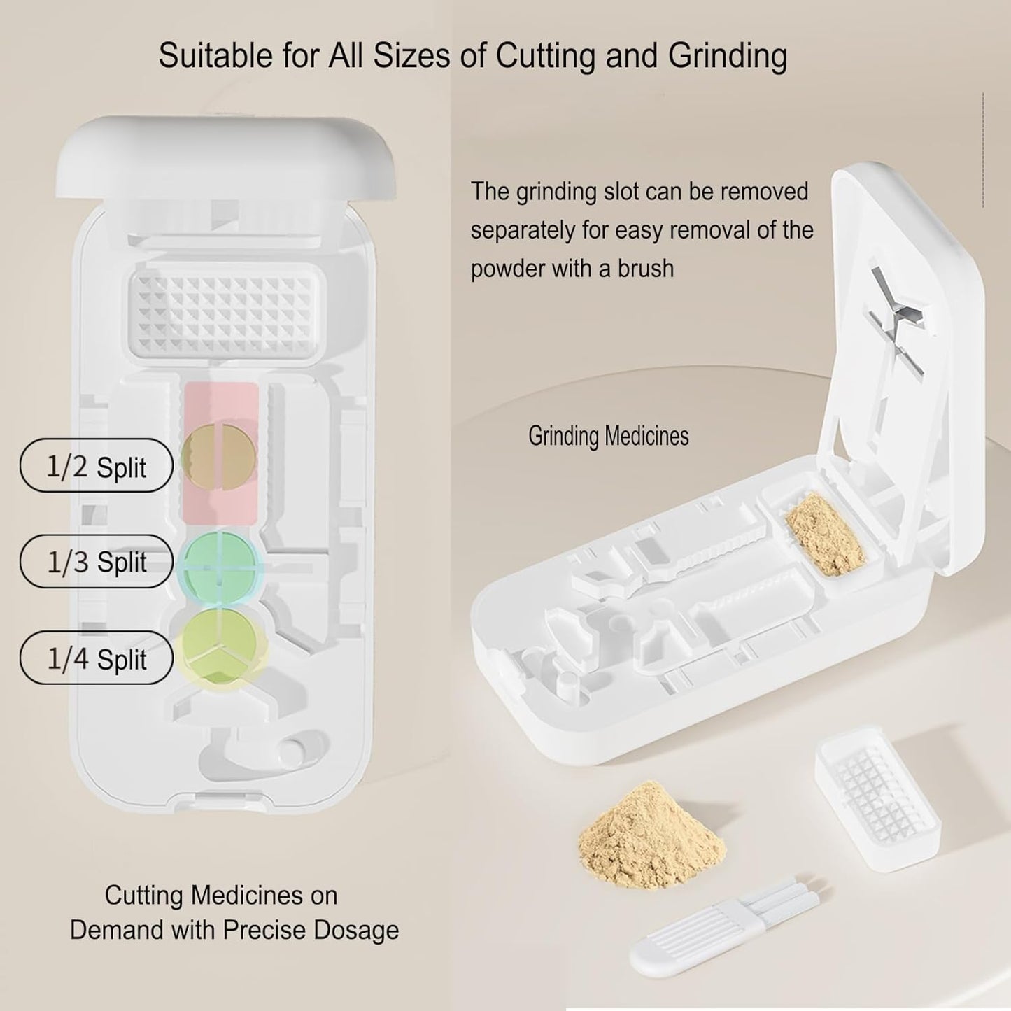 Precision Pill Cutter with Centering Guide - Multi-Angle Tablet Splitter for 1/2, 1/3 & 1/4 Cuts, Includes Pill Crusher & Storage Compartment (White)