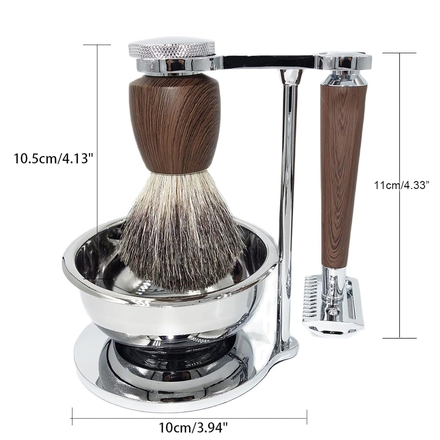 Professional Shaving Set for Men,Include Wet Shave Beard Safety Razor,10 Razor Blades,Rosewood Grain Handle Badger Hair Salon Shave Brush and Bowl Stand -Unique Gift for Father's Day