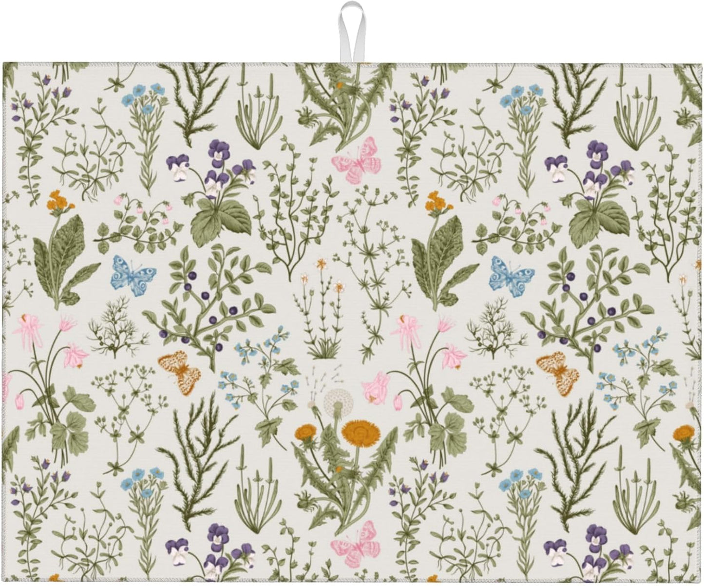 Vintage Floral Spring Summer Dish Drying Mat for Kitchen Counter, Herbs and Wild Flowers Drying Pad 18x24 Inch Absorbent Reversible Cute Botanic Dish Drainer Rack Mats