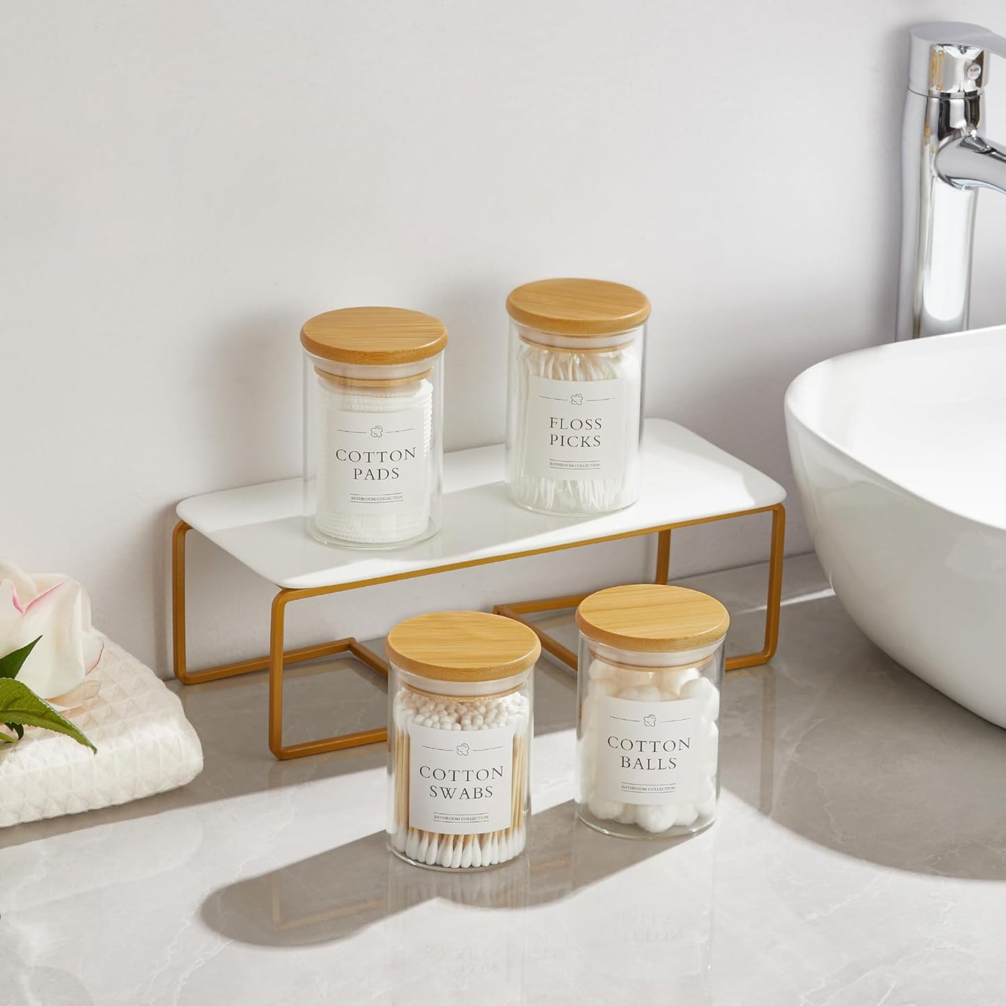 2 Pack Qtip Holder Dispenser - Glass Apothecary Jars with Lids, Cotton Ball Pad Swab Round Holder, Bamboo Bathroom Accessories, Bathroom Organizers Containers Jars Canisters with Lids