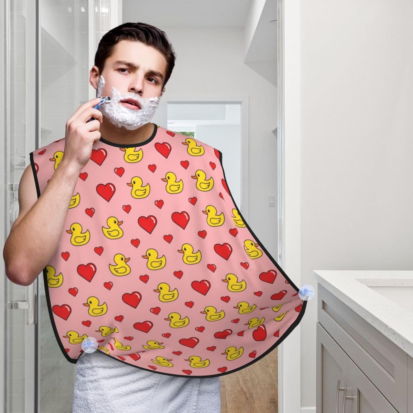 Beard Trimming Hair Catcher, Pink Heart Polka Dots Yellow Rubber Ducks Shave Bib, Non-Stick Bib Apron Waterproof, Shaving Tool for Men for Husband Father’s Day