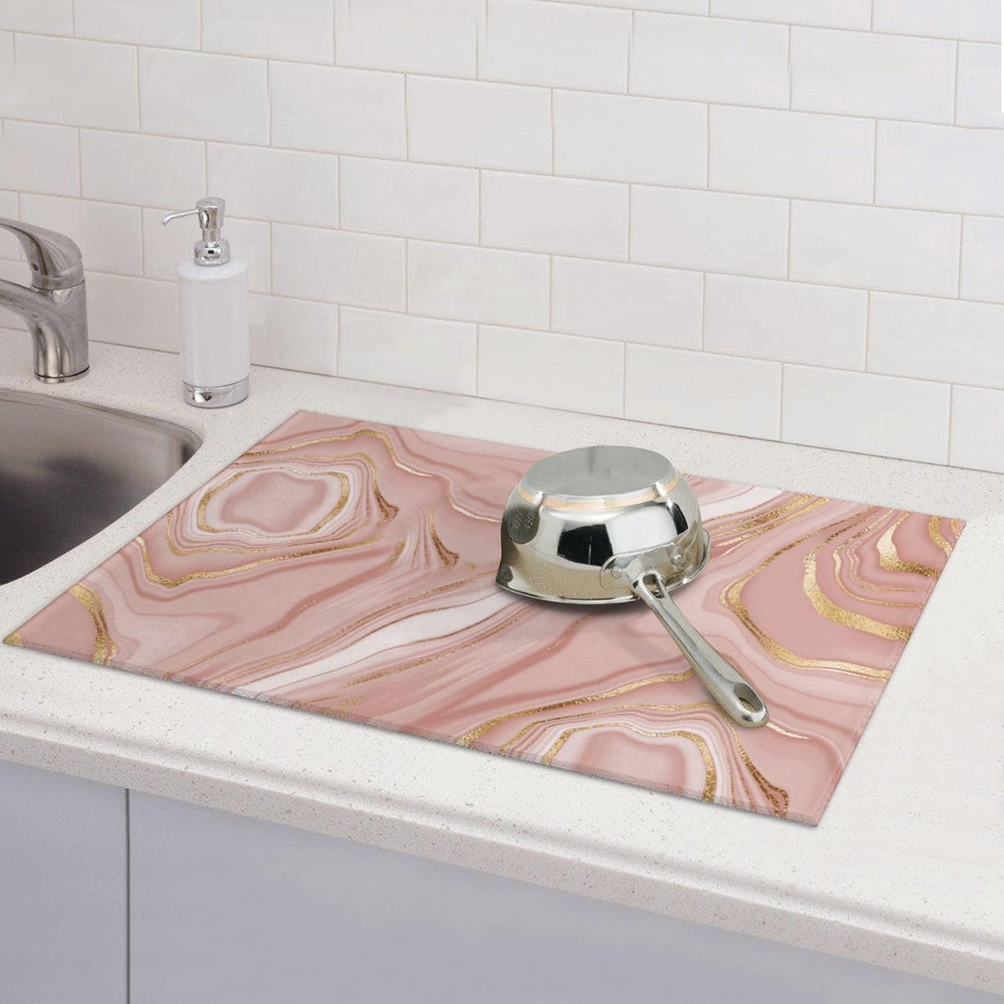 Pink Golden Dish Drying Mat for Kitchen Counter Absorbent Reversible Rose Pink Modern Drying Pad Dark Kitchen Decor Marble Dish Drainer Rack Mats 18"x24"