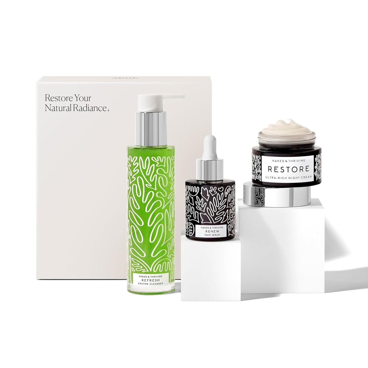 Naked & Thriving The Advanced Renewal Routine | Restore Ultra-Rich Night Cream (50g) + Refresh Gentle Enzyme Cleanser (120ml) + Renew Resurfacing Night Serum (30ml) (Set of 3)