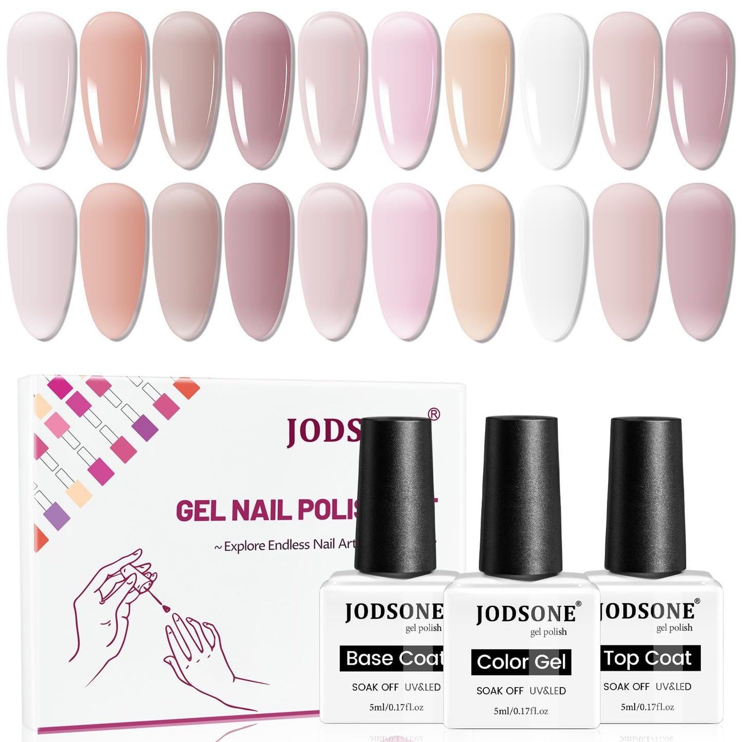 JODSONE 12 PCS Gel Nail Polish Set with Base Coat Top Coat 10 Colors White Pink Nude Jelly Gel Polish Perfect for DIY Nail Art at Home