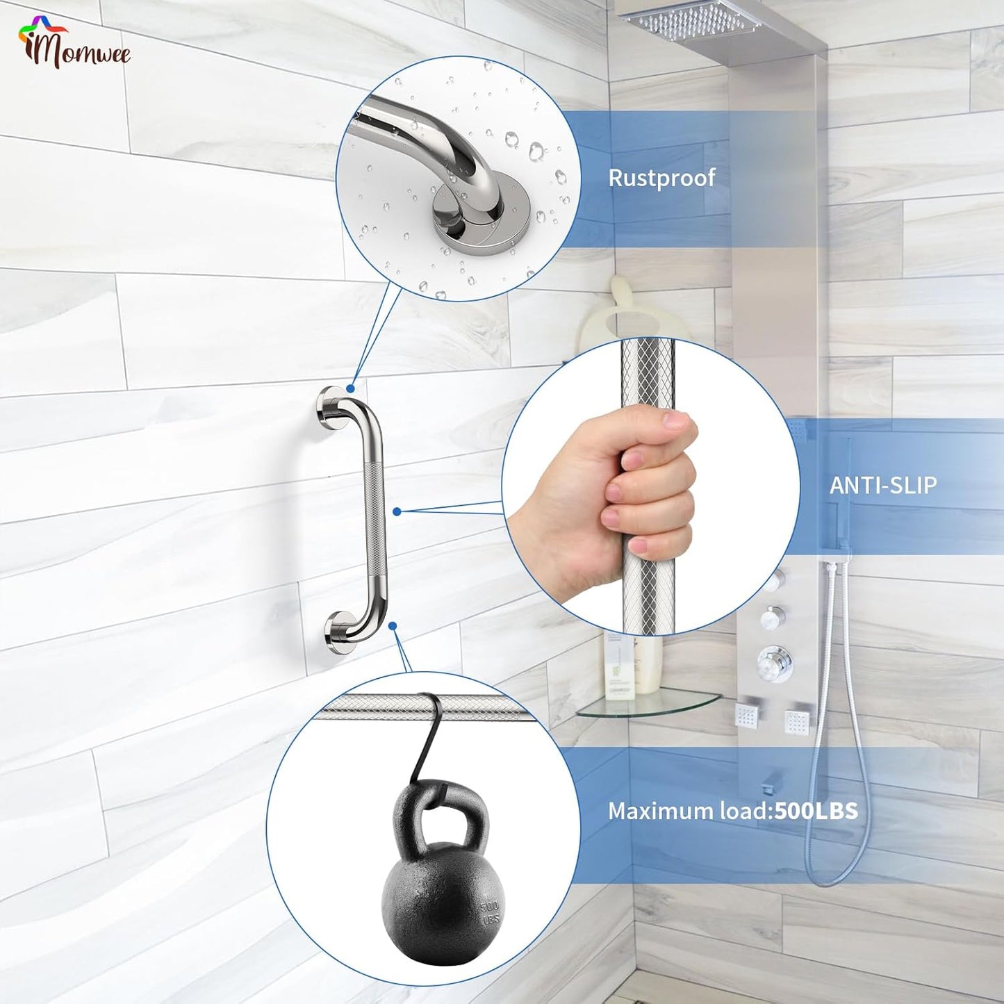 2 Pack Chrome Grab Bar 12 Inch, iMomwee Stainless Steel Non-Slip Shower Grab Bar W/Knurled Grip, Safety Bathroom Handrail, Balance Support Bar Toilet Bathtub Assist Handle for Elderly Senior Disabled