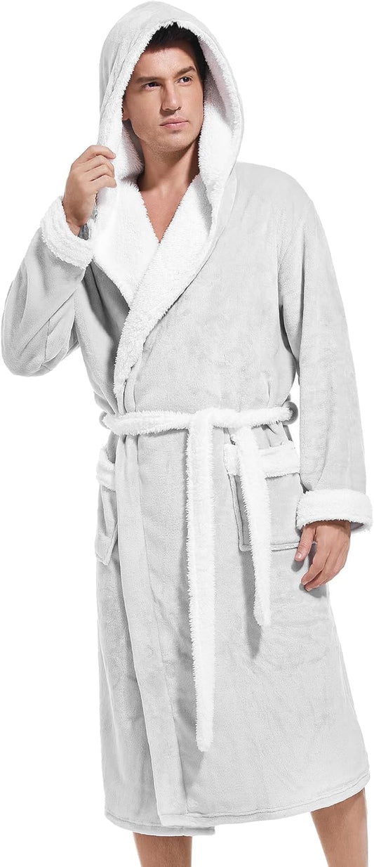 Inner Wish Mens Hooded Robe, Plush Long Bath robes Cozy Warm Bathrobe Fuzzy male Spa Robe With Pockets