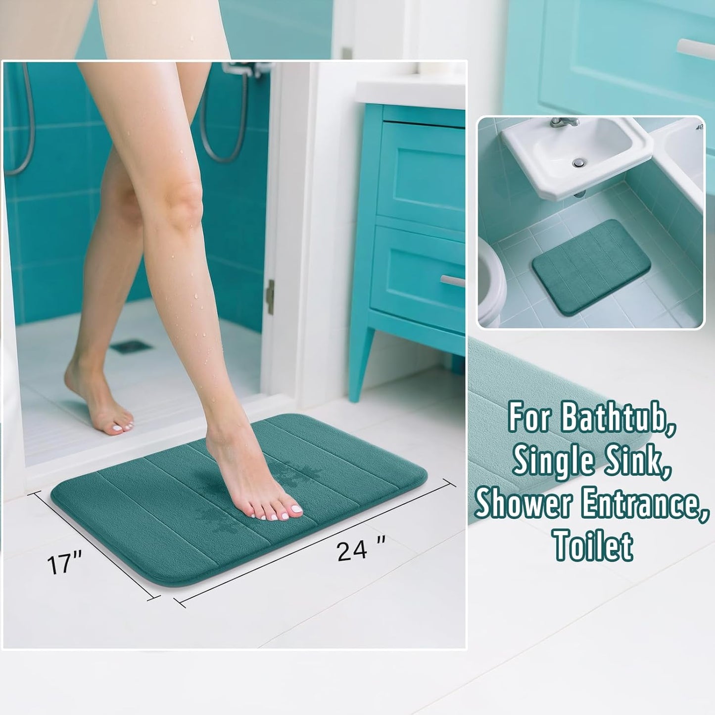 Yimobra Teal Bath Mat 24x17 Inch, Super Soft Absorbent Memory Foam Bathroom Rug Non Slip, Quick Dry, Machine Washable Floor Carpet for Tub Shower, Home Decor Accessories