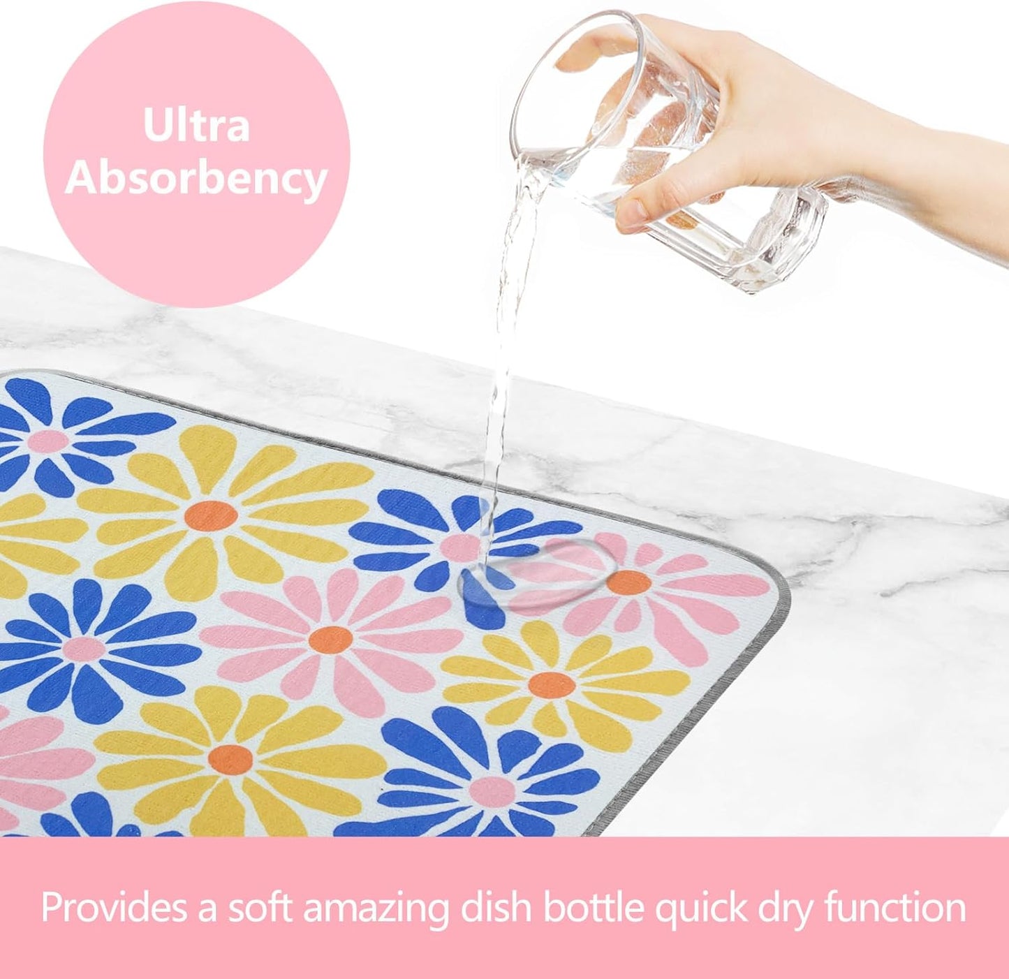 SHIYUE Dish Drying Mat for Kitchen Counter Super Absorbent Spring Kitchen Decor Microfiber Drying Matainers Rack Fast Pad Dish Drainer Mats(Color Flower,16''x18'')