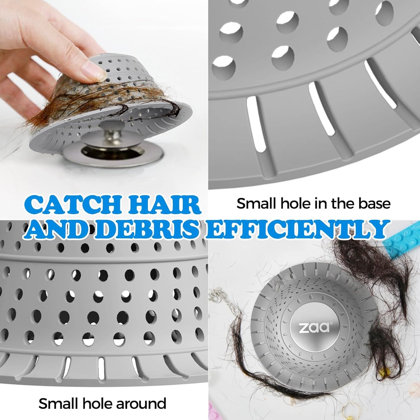 zaa Shower Drain Hair Catcher, 2 Pack Silicone Collapsible Bathtub Drain Cover Dog Hair Catcher & Protector for Pop-Up & Regular Drains of Shower, Bathtub, Tub, Bathroom, Diameter 4.5"