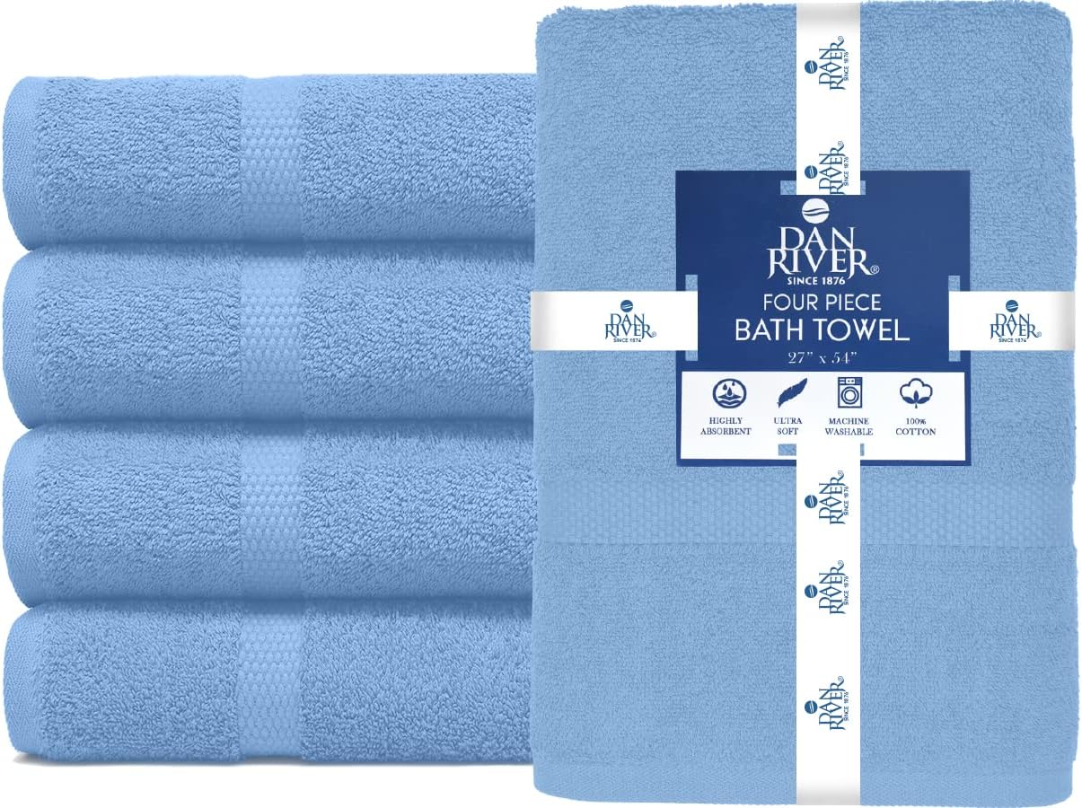 DAN RIVER Bath Towels Set of 4, 27 x 54 Inches, 100% Cotton, Larger & Lighter Weight, Quicker to Dry, Super Soft and Absorbent, Ideal Cotton Towels for Bathroom for Daily Use, Medium Blue