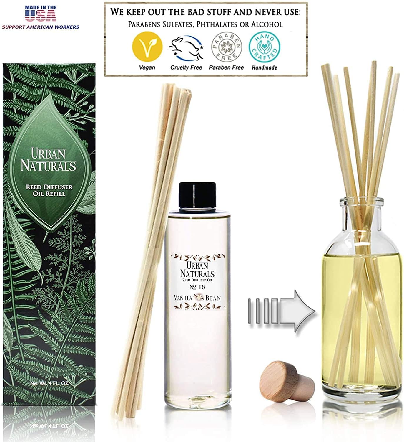Urban Naturals Vanilla Bean Scented Oil Reed Diffuser Refill | Includes a Free Set of Reed Sticks! Vanilla Cream, Amber & Sweet Tonka Bean, 4 oz.