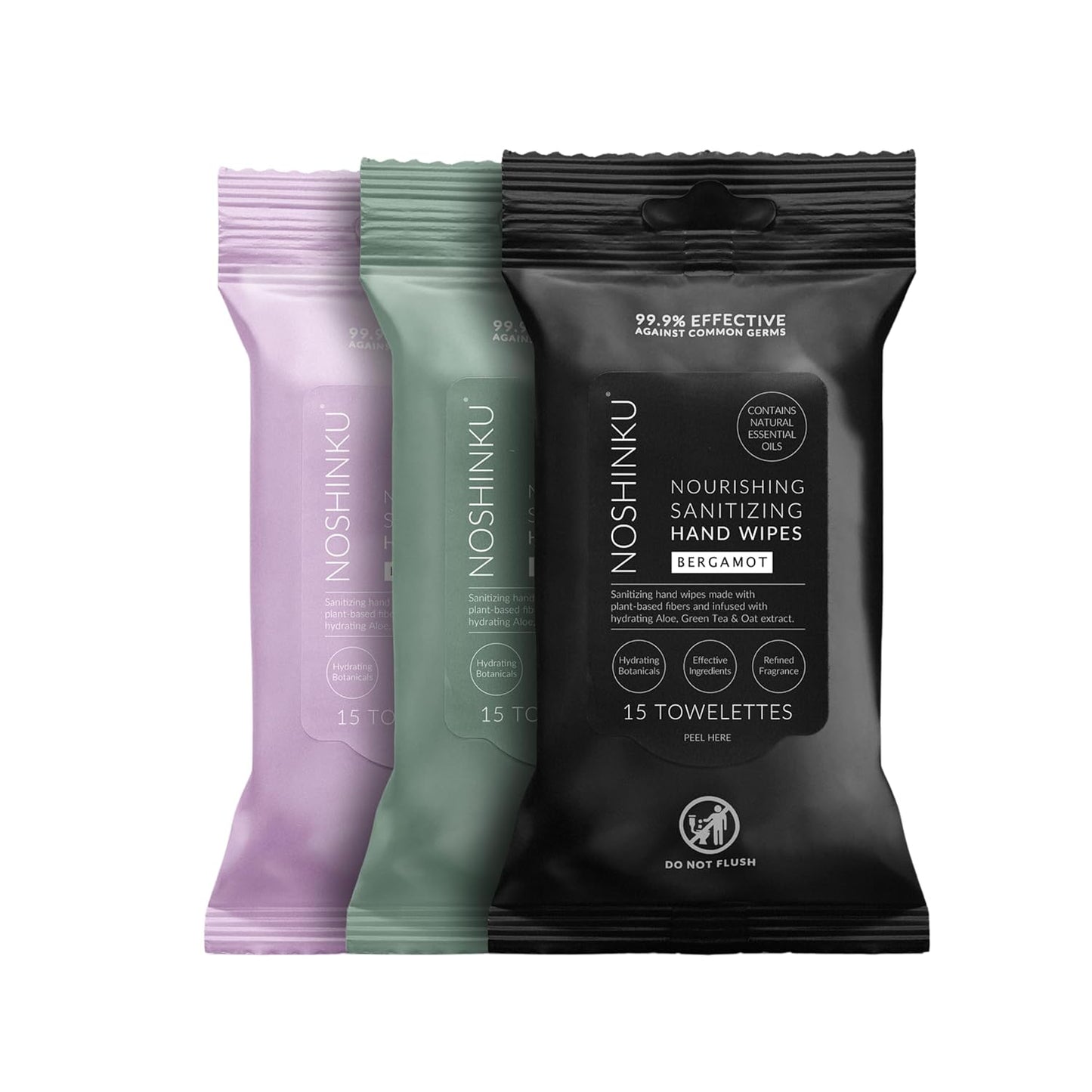 Noshinku Discovery Hand Sanitizer Wipes, 3-Pack (45 Towelettes) – Resealable Travel Wipes with Ethyl Alcohol, Aloe & Green Tea, Plant-Based Fiber, Essential Oil Scents, Cruelty-Free & No Dyes