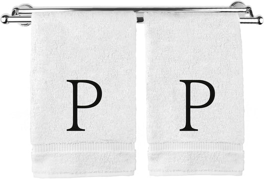 Monogrammed Hand Towel, Personalized Initial Gift, Extra Absorbent 100% Turkish Cotton - Soft Terry Finish - Set of 2 - Black Block Initial P - Embroidered on White Towels