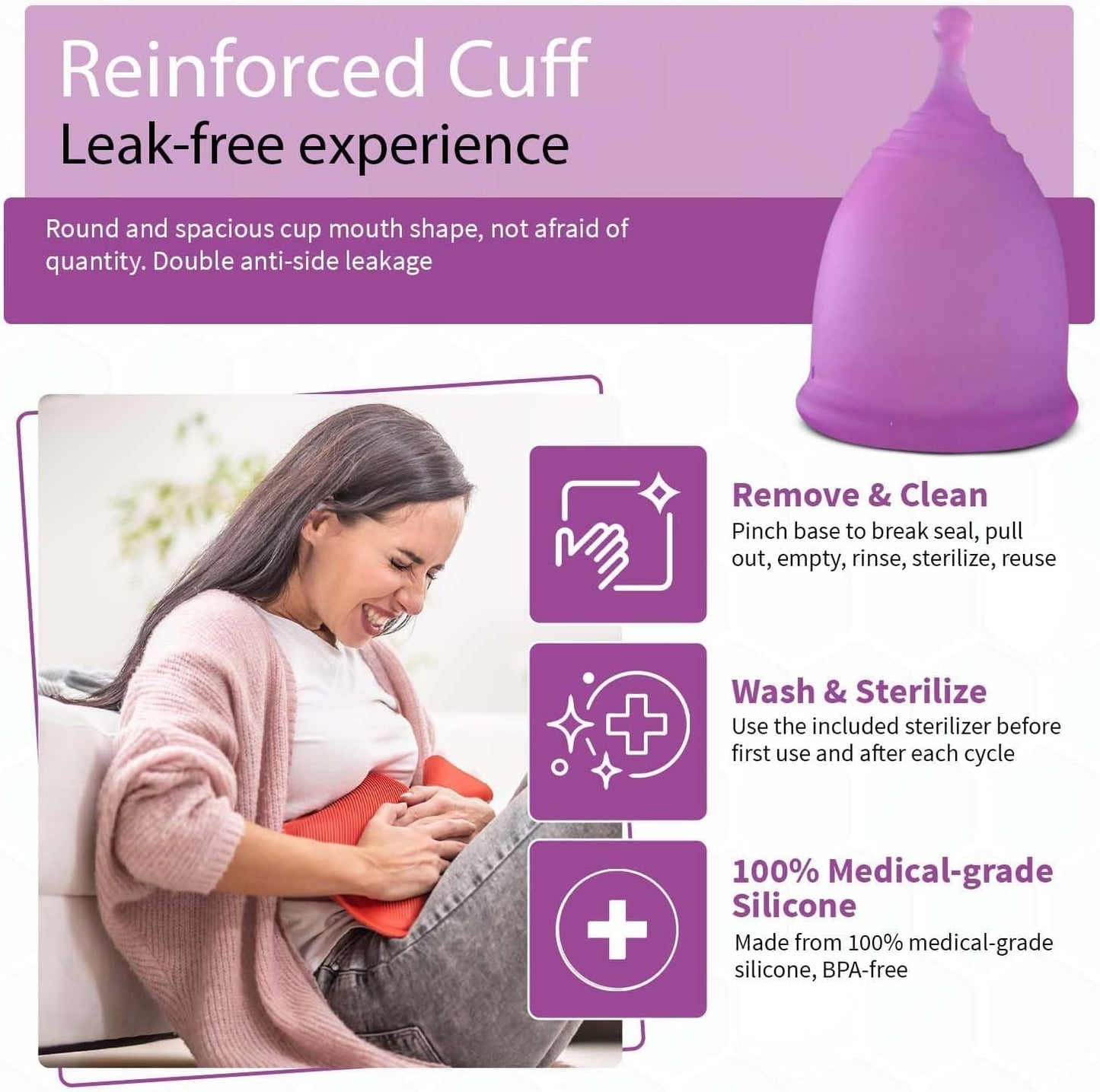 Angel's Peel Lounge Menstrual Cup for Women - 100% Medical-Grade Leak-Free Soft & Flexible Silicone Cup - 12 Hour Leak Protection Eco-Friendly & Reusable Period Cups for Women - Purple - Large