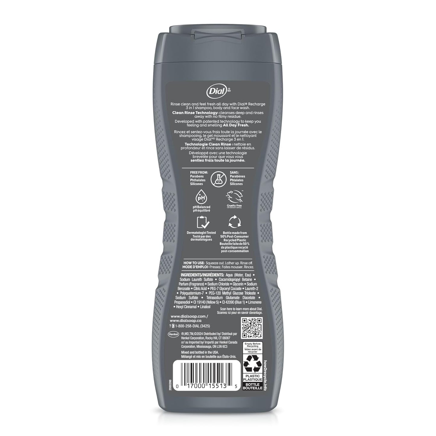 Dial Men 3 in 1 Body, Hair and Face Wash, Recharge, 16 Fl Oz (Pack of 4), Cedar Leaf Scent, Cleanses Deep + Gentle on Skin with Clean Rinse Technology