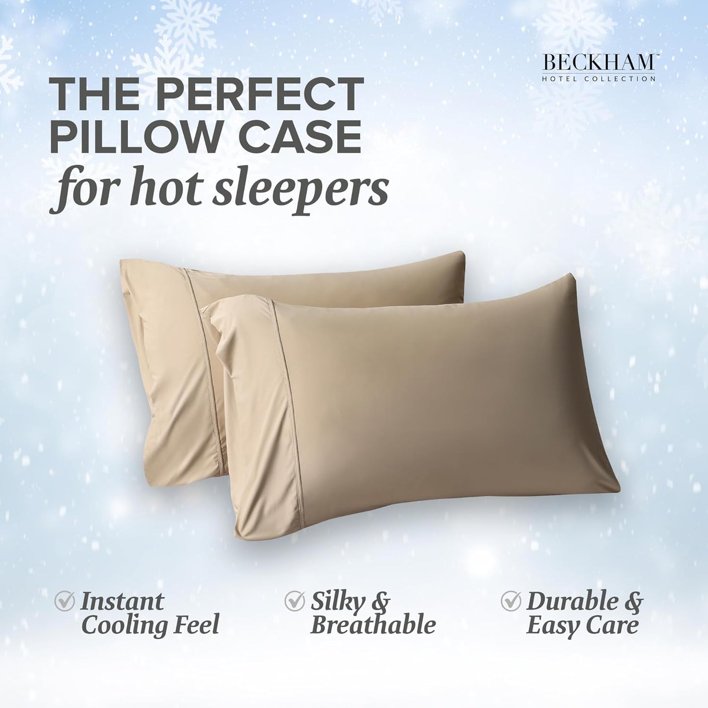 Beckham Hotel Collection Cooling Pillowcases for Hot Sleepers, Standard/Queen Size Set of 2, Cool Bedding, Envelop Closure, Silky Soft, Breathable, Moisture-Wicking, Sand