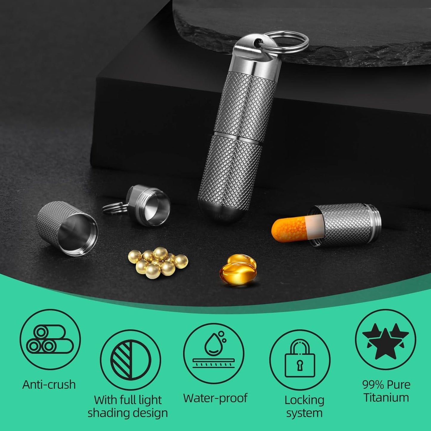 Titanium Keychain Pill Holder Waterproof Lightweight Portable Pocket Mini Pill Case for Emergency Medicine Travel Fits Daily Purse Wallet Small Pill Box Containers (Medium（2 Separate Compartments）)