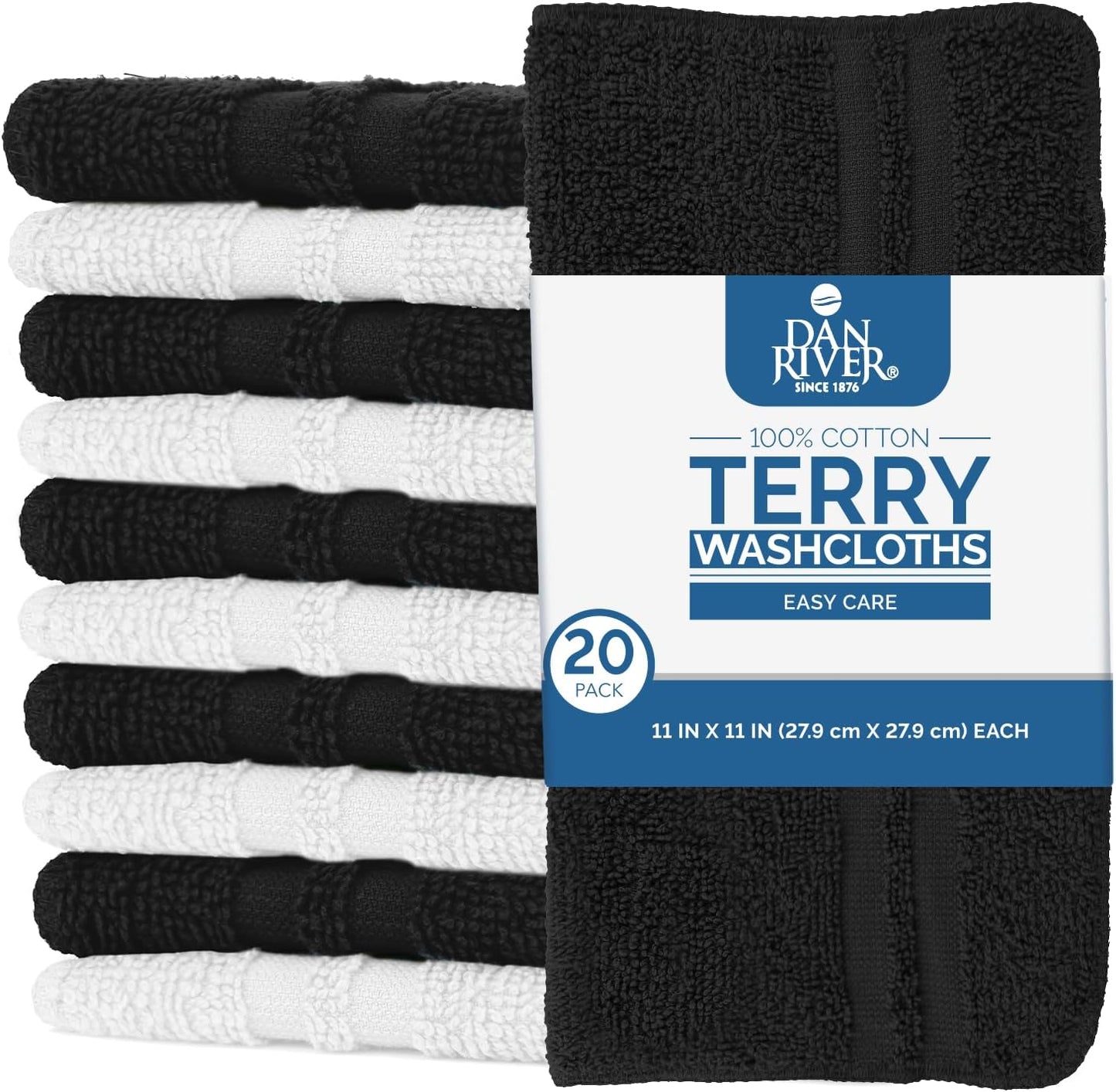 DAN RIVER 100% Cotton Washcloths 20 Pack Premium Quality Face and Body Cloth, Quick Dry Essential Towels for Bathroom, Hand, Kitchen & Cleaning, Baby Washcloths | 11X11 in | 400 GSM | Black+White