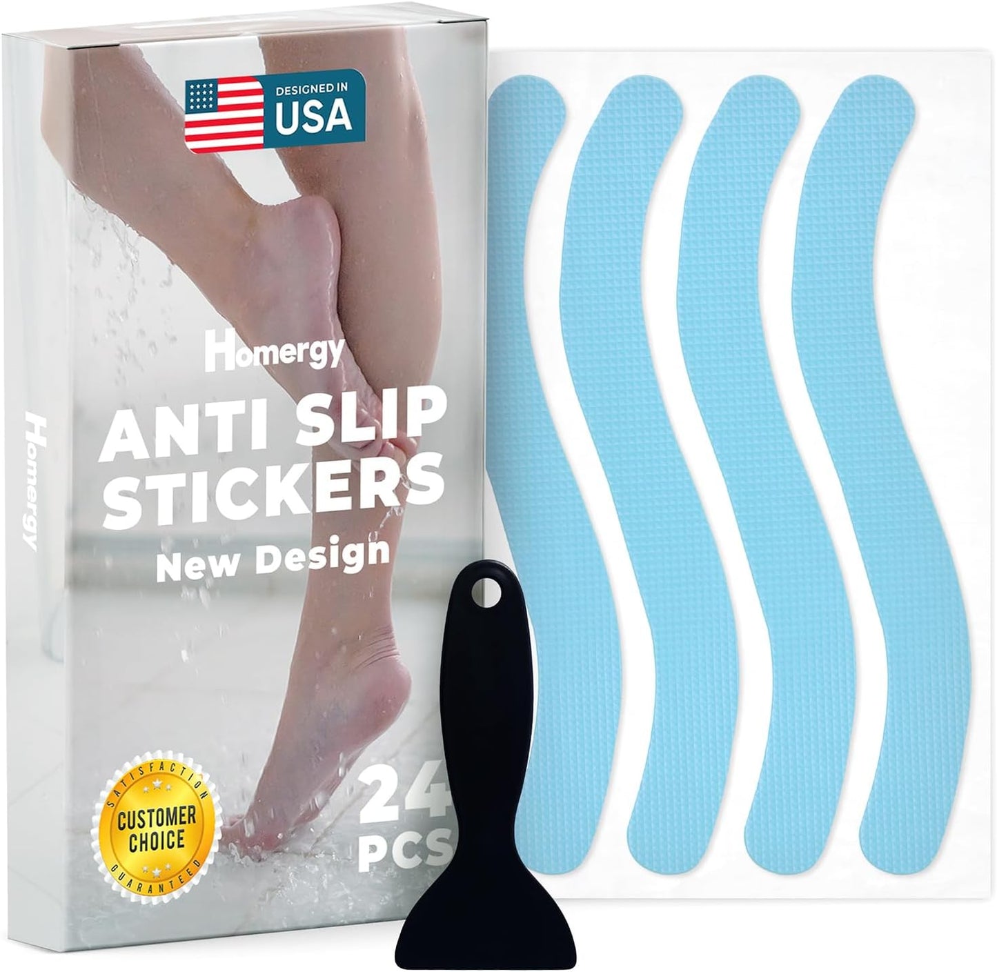 Homergy Anti Slip Shower Stickers 24 PCS, Blue Non-Slip Shower Strips for Adults, Premium Adhesive Bath Tub Stickers