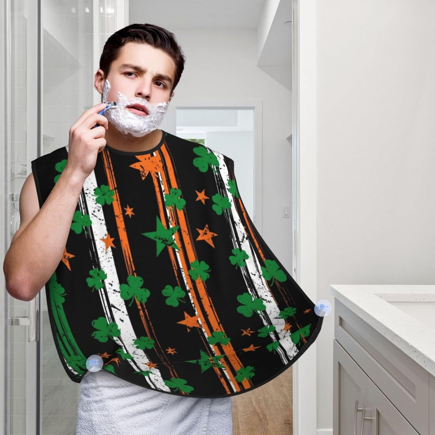 Beard Grooming Cape, Waterproof Hair Catcher for Shaving Trimming, Non-Stick Bib Apron Gifts for Dad Men, St Patricks Day Shamrock Clover Irish American Flag Shave Bib