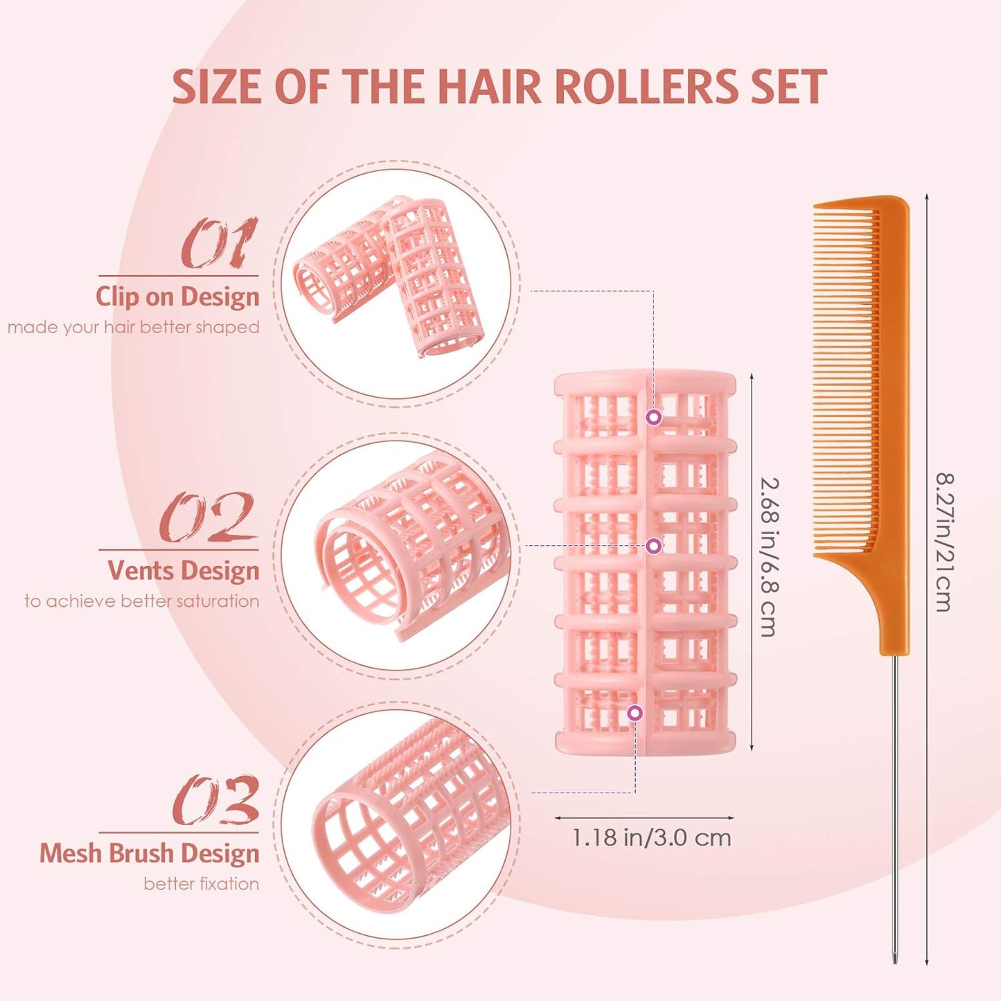 Syhood 12 Pcs Plastic Hair Rollers for Women Large Size Curlers Set Snap Roller Clips with Rat Tail Comb for Long Medium Short Hair Bangs, Salon Hairdressing Styling Tool(2.6 x 1.1 Inch,Peach Color)