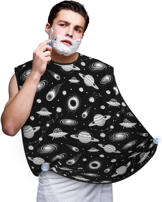 Men's Beard Maintenance Apron, Waterproof & Easy Clean, Universe Cartoon Galaxy Stars Planets UFO Black and White