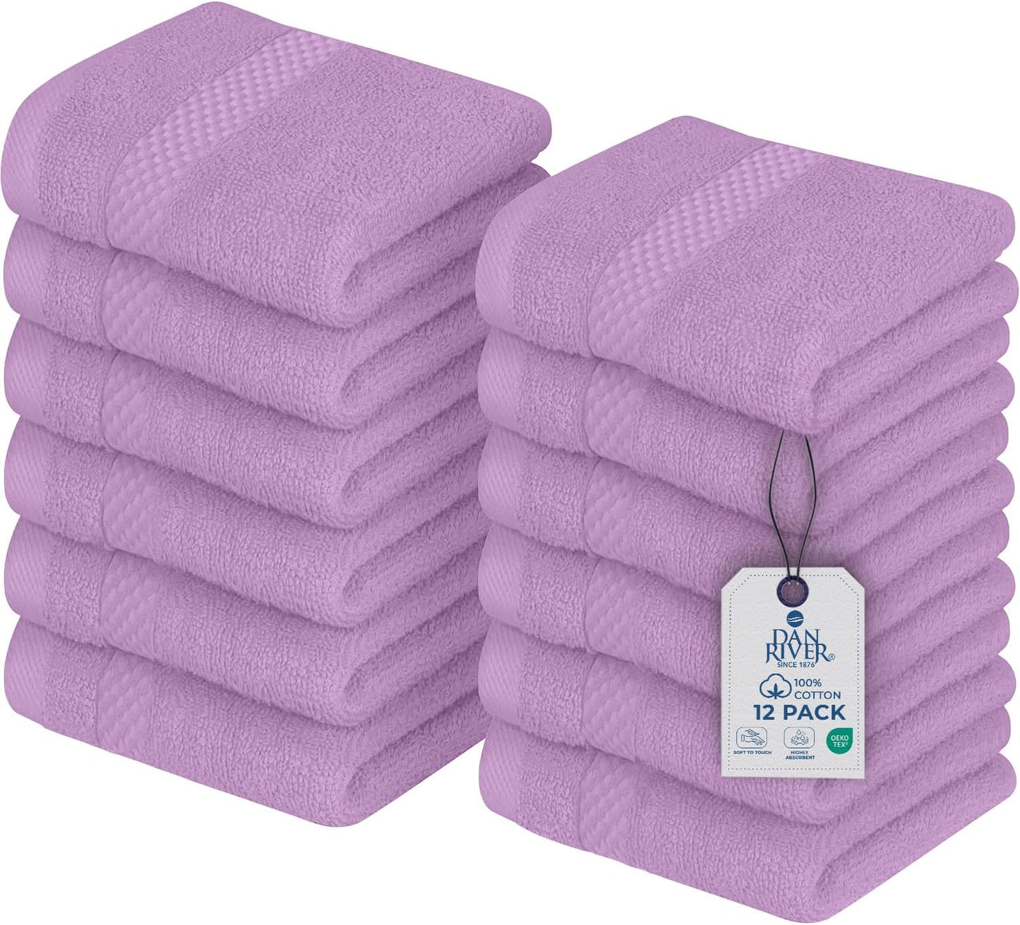 DAN RIVER 12-Pack Premium 100% Cotton Lavendar Face Towels – Reusable Face Towel Set, Soft & Absorbent Wash Rags for Bathroom & Body – Hand and Face Towels, 550 GSM (12x12 in)