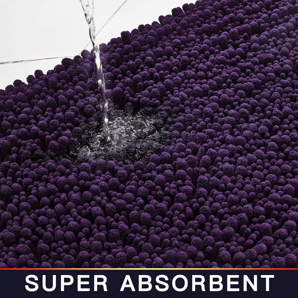 Walensee Bathroom Rug 2 Pieces Set Non Slip Bath Mat (20"x32" Plus 20"x32" Dark Purple) Water Absorbent Super Soft Shaggy Chenille Machine Washable Dry Extra Thick Perfect Carpet for Shower Floor