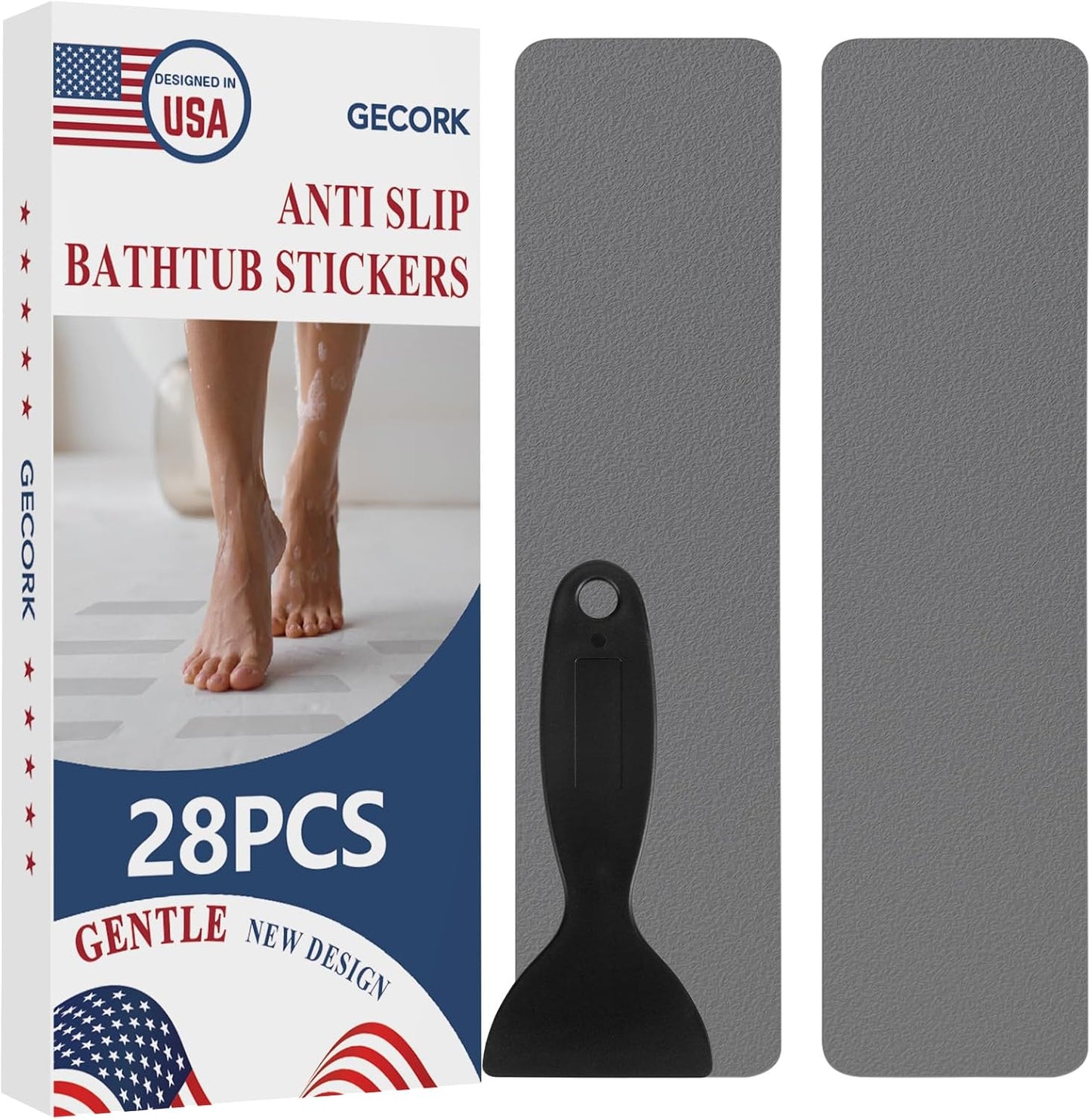 28 PCS Shower Floor Non Slip Stickers with Strong Adhesive, Invisible & Durable Anti Slip Shower Stickers with Scraper for Bath Tub, Pools and Stairs(Grey,Wide Rectangle)
