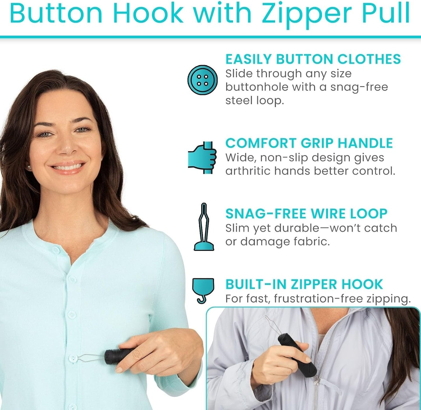 Vive Button Hook with Zipper Pull - Dressing Helper Assist Tool for Arthritis - One Hand Shirt & Coat Buttoning Aid, Disability, Handicapped, Seniors, Elderly - Limited Dexterity, Wide Grip Handle