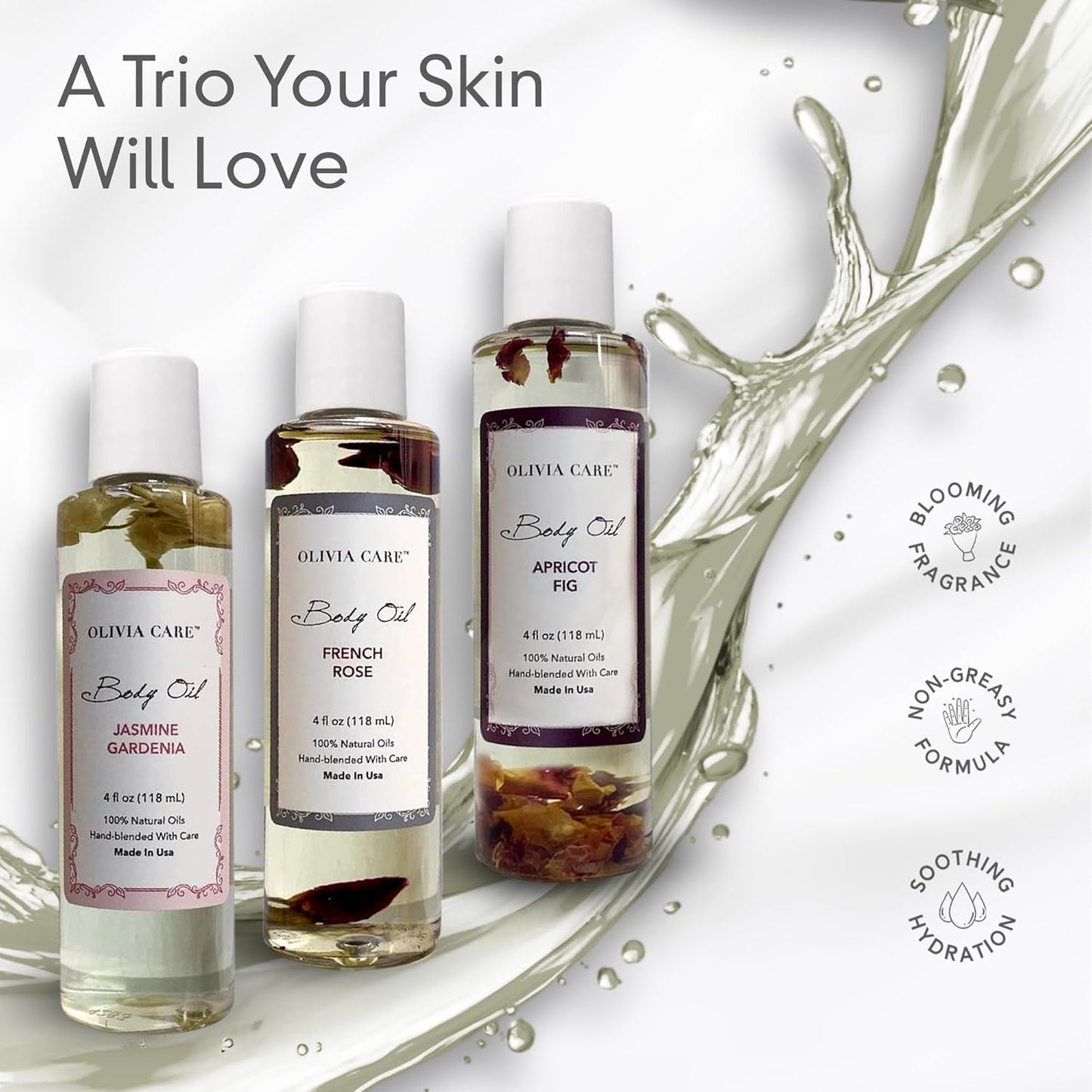 Olivia Care 3 Pack Body Oils: Apricot Fig, French Rose, Jasmine Gardenia - Natural Perfume Oils For Women & After Bath Oils Body Moisturizers, Rich in Vitamin E, K, & Omega (3 Scents)