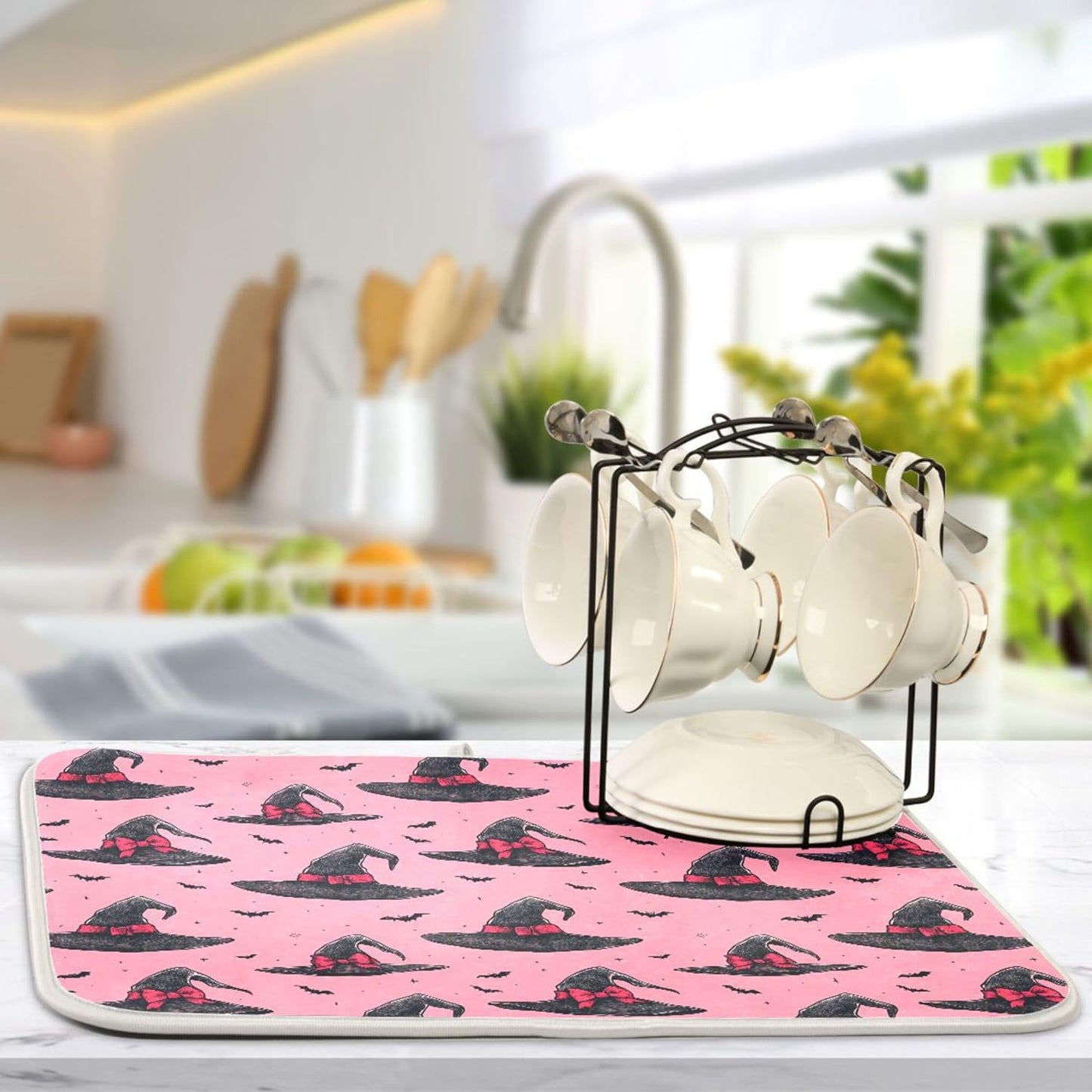 Witch Bow Hot Pink Dish Drying Mat for Kitchen Countertop 16x18 Halloween Bowknot Bat Small Drying Mat Reusable Quick Dry Dish Sink Mats Easy Clean Decorative Essentials