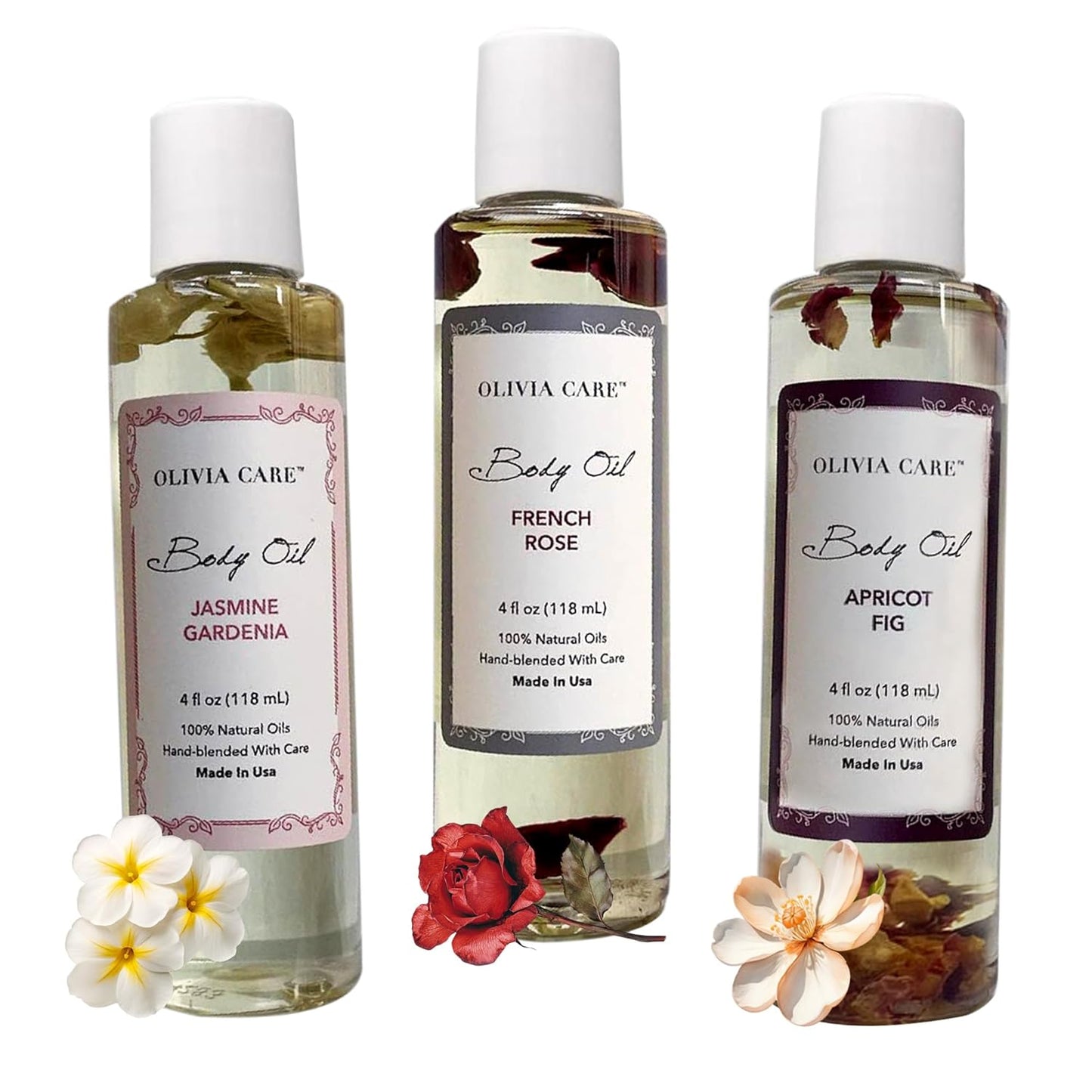 Olivia Care 3 Pack Body Oils: Apricot Fig, French Rose, Jasmine Gardenia - Natural Perfume Oils For Women & After Bath Oils Body Moisturizers, Rich in Vitamin E, K, & Omega (3 Scents)