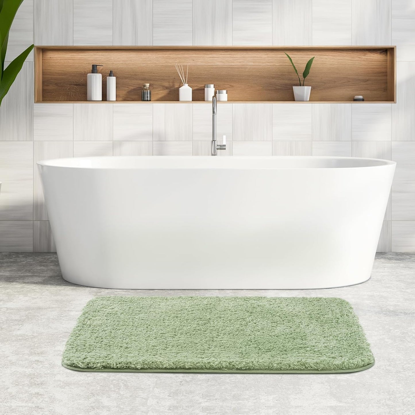 ROSMARUS Shaggy Bath Rugs Non-Slip 28”X48”, Extra Long Bathroom Mat with Fluffy Soft & Water Absorbent Microfiber, Shower Carpet, Machine Washable Bathroom Rug for Floor Tub, Green