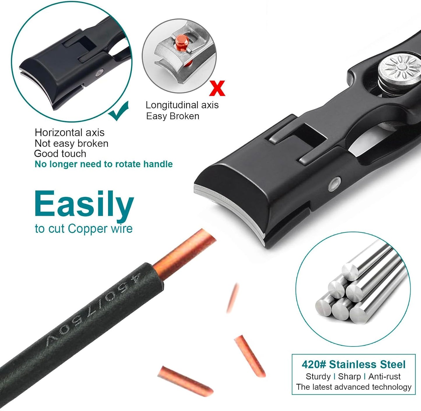 Nail Clippers for Men & Seniors Thick Toenails and Fingernail - Wide Jaw Opening Portable Ultra Sharp Finger Nail Clippers with Catcher, Heavy Duty Stainless Steel, Black Set