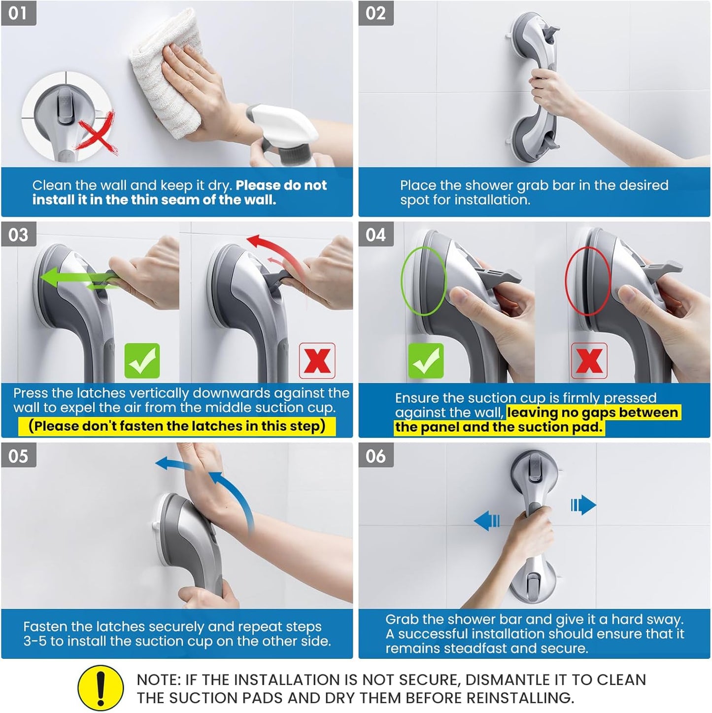 LEVERLOC Shower Grab Bar, 12 Inch Suction Grab Bars for Bathtubs, Shower Handle Handrail for Seniors Bathroom Safety Grip for Elderly, Heavy Duty No Drilling Removable,Silver