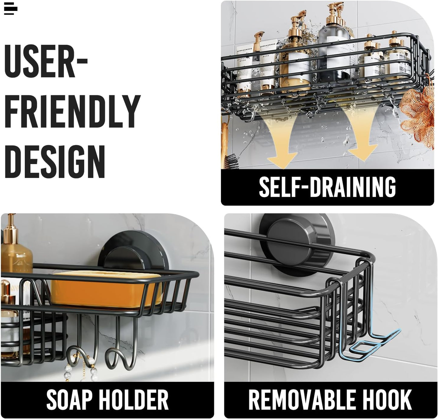 LEVERLOC Shower Caddy Suction Cup, 2 Pack suction shower shelf with Hooks & Soap holder, NO-Drilling Bathroom Holder, Rustproof bathroom organizer, Black