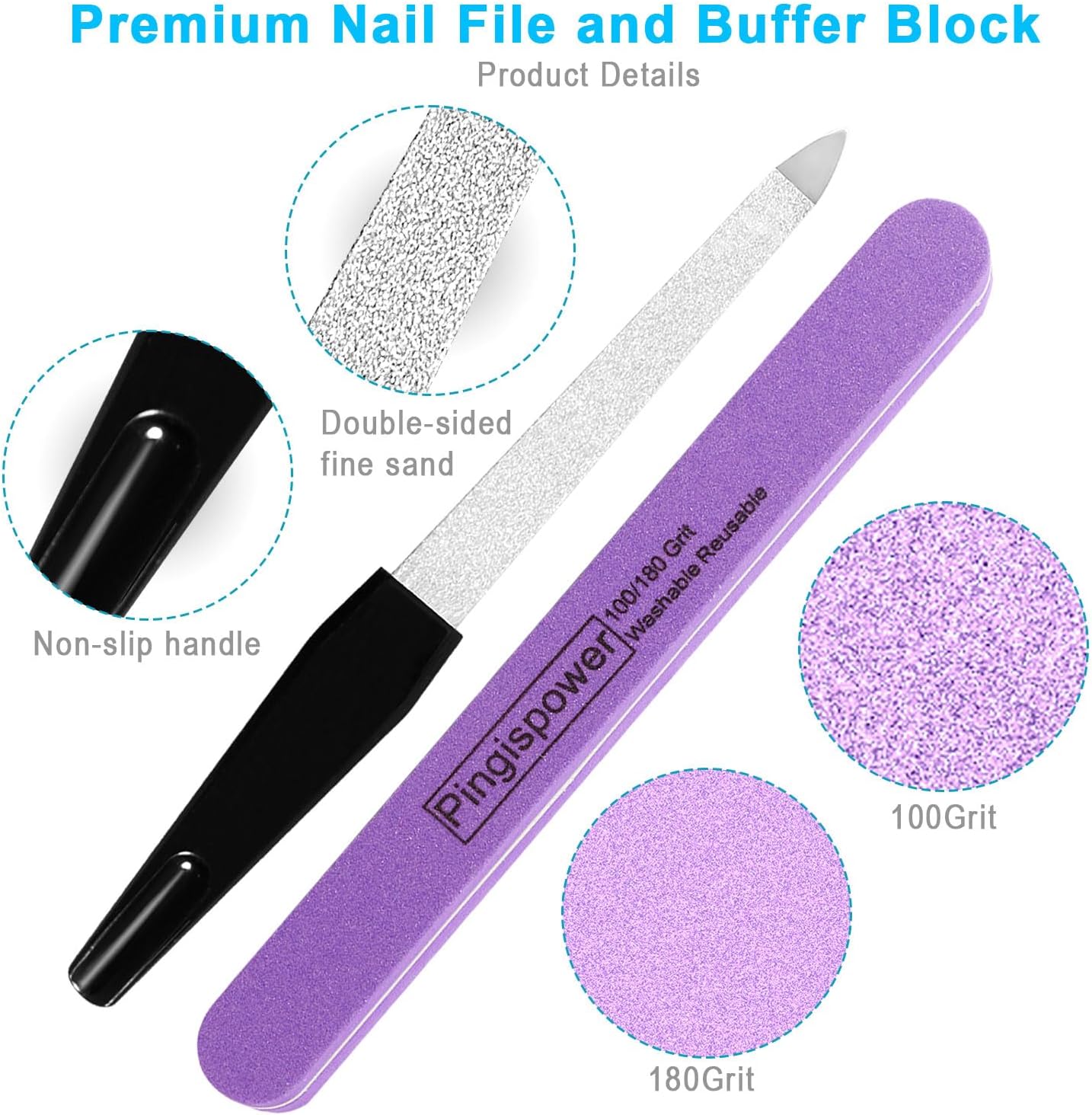 Nail File, 10PCS Professional Metal Nail Files and Buffers Block (100/180 Grit) for Natural Nails, Double Sided Washable & Reusable Manicure Kit for Women, Home & Salon Travel