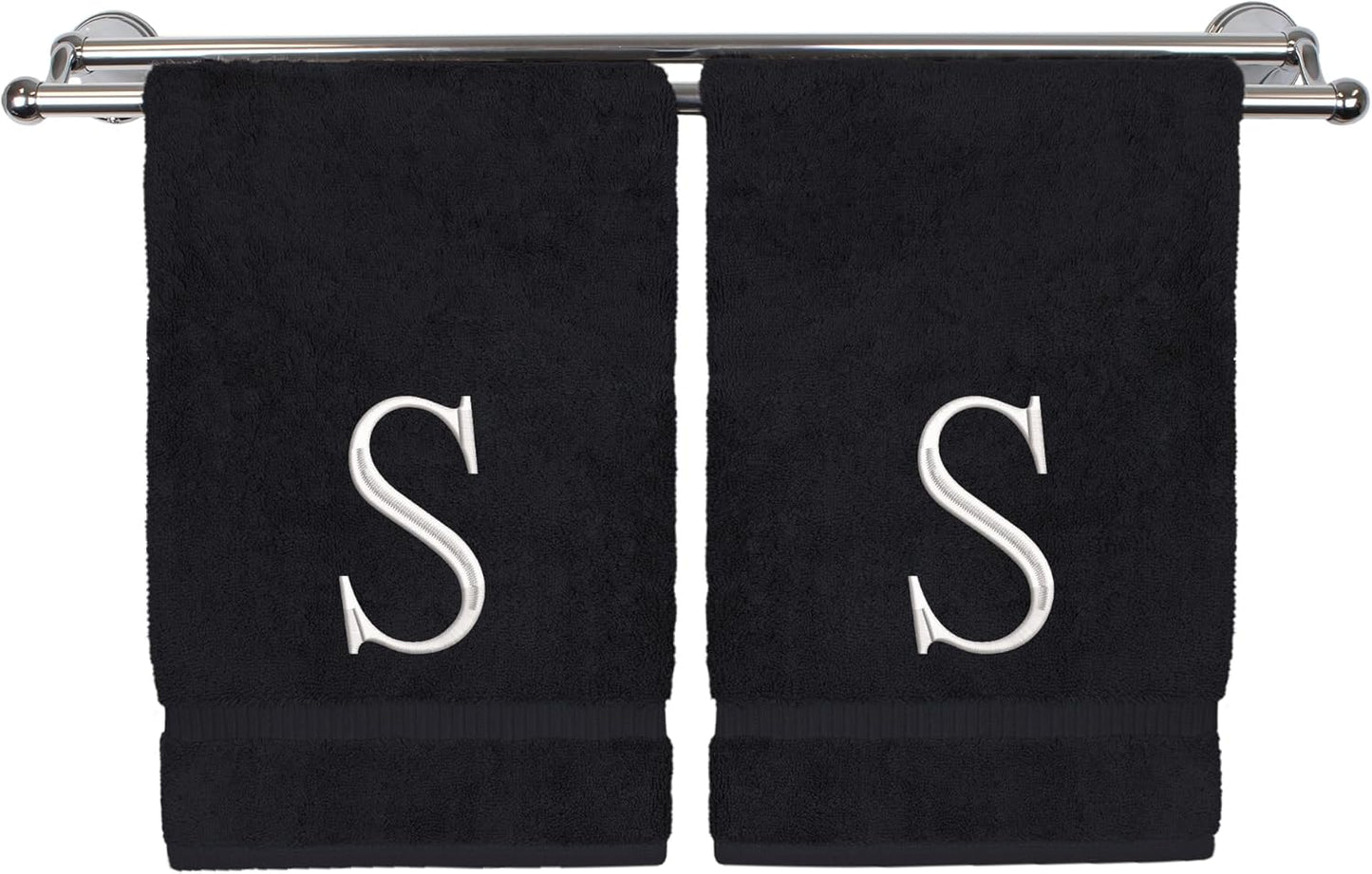Monogrammed Hand Towel, Personalized Initial Gift, Extra Absorbent 100% Turkish Cotton - Soft Terry Finish - Set of 2 - White Block Initial S - Embroidered on Black Towels